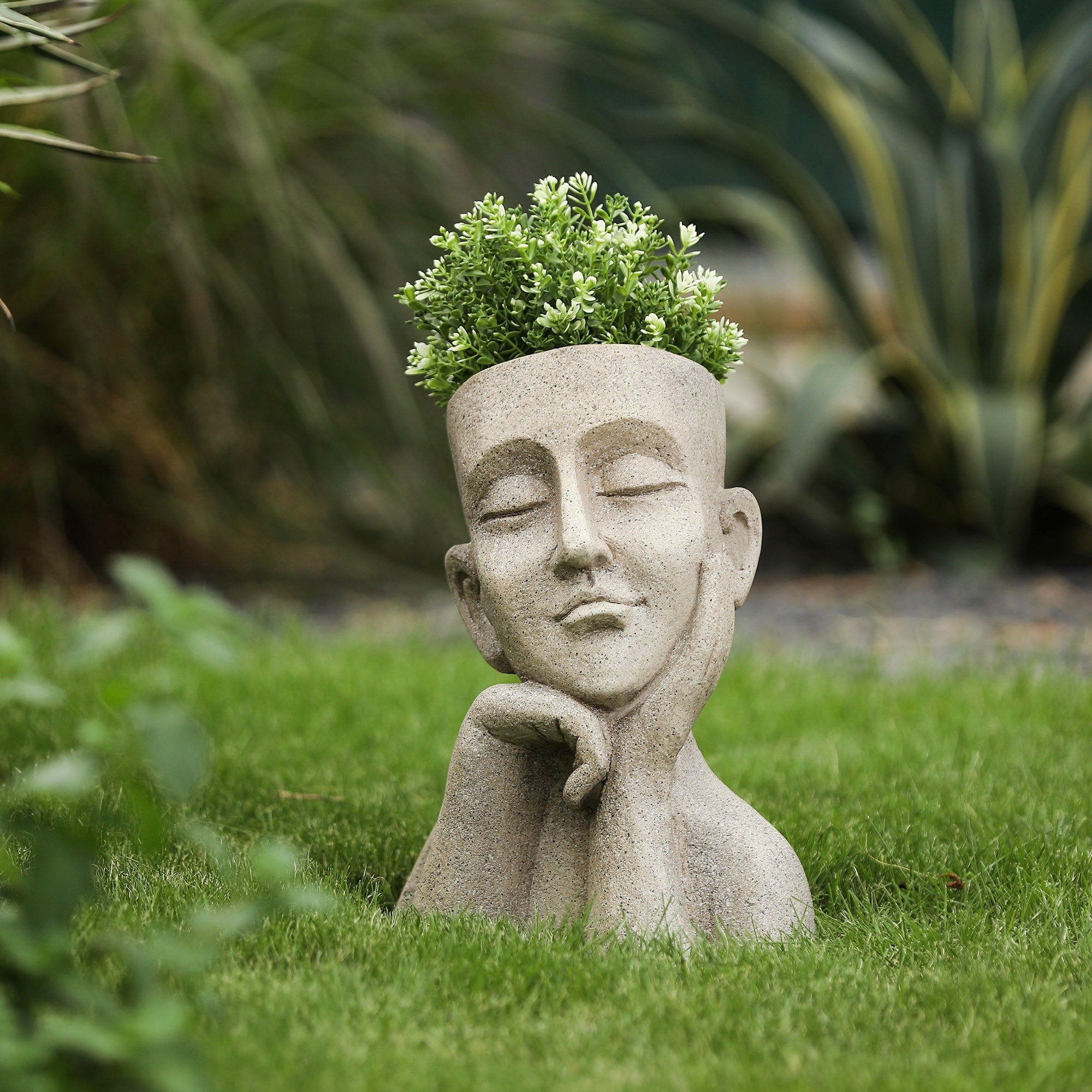 Speckled Beige Thoughtful Bust Head MgO Indoor/ Outdoor Statue Planter