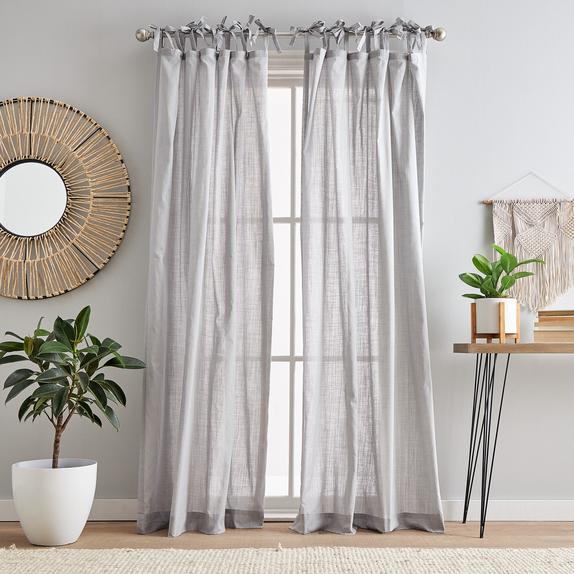 100% Cotton Sheer Tie Tab Curtain Panel Pair