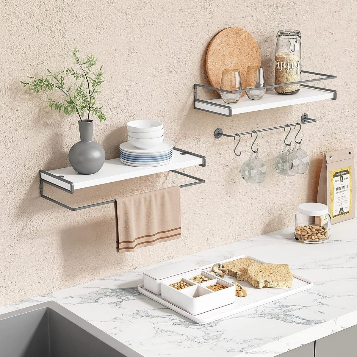 Decorative Wall Shelves Set of 2 for Bathroom with Towel Bar