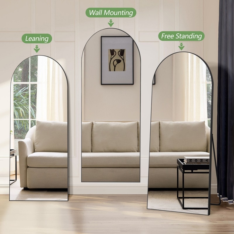 Modern Glam Arched-Top Full Length Floor Mirror Wood Frame with Stand