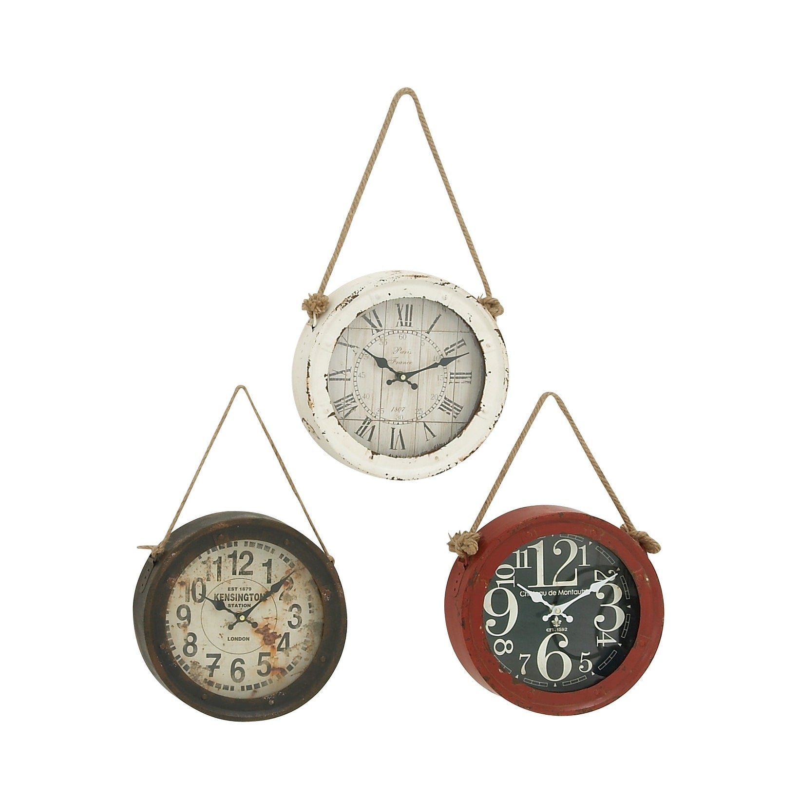 White Metal Decorative Wall Clock with Rope accents (Set of 3)