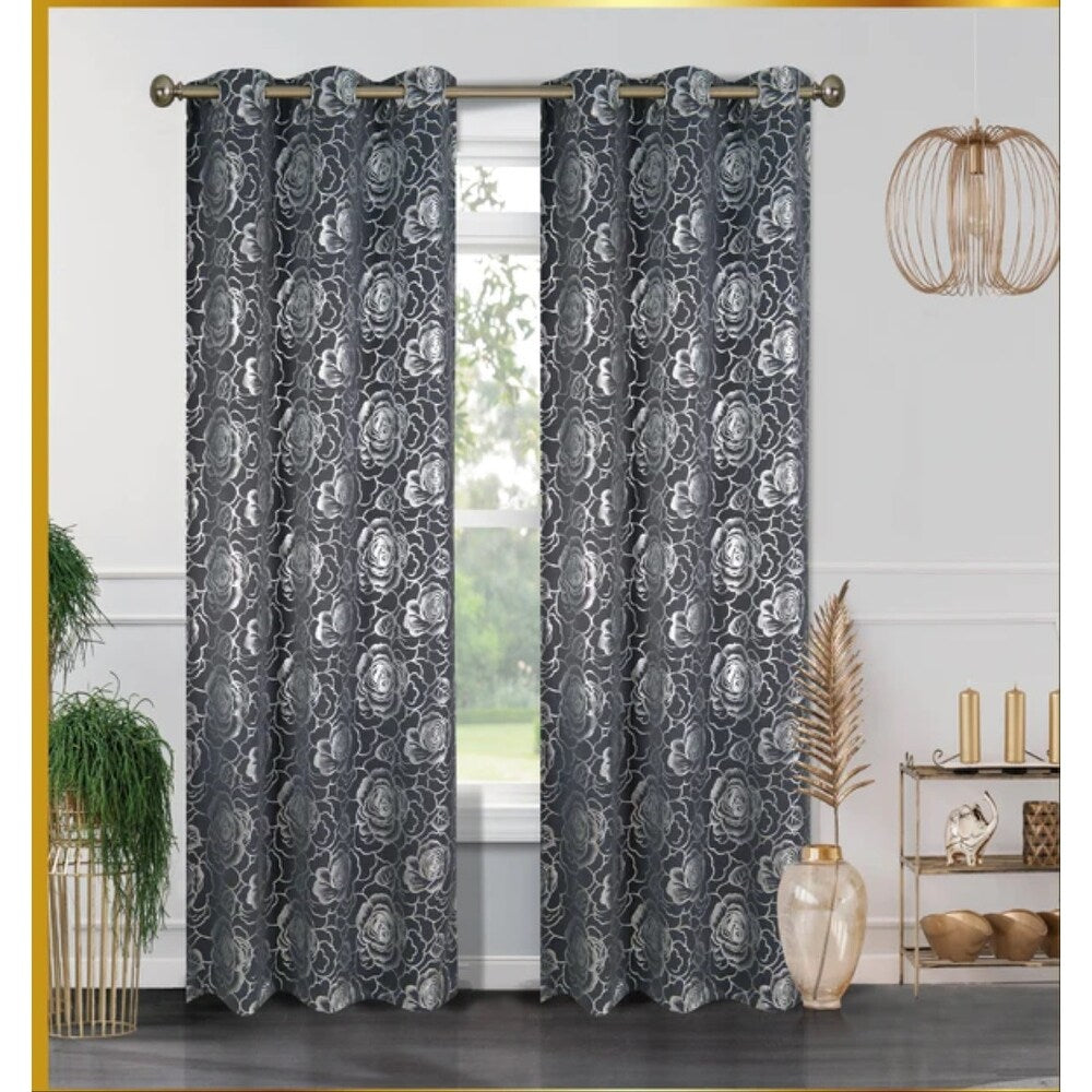 J&V Textiles Floral Metallic Blackout Thermal Grommet Curtain Panels (Set of 2) - Regular