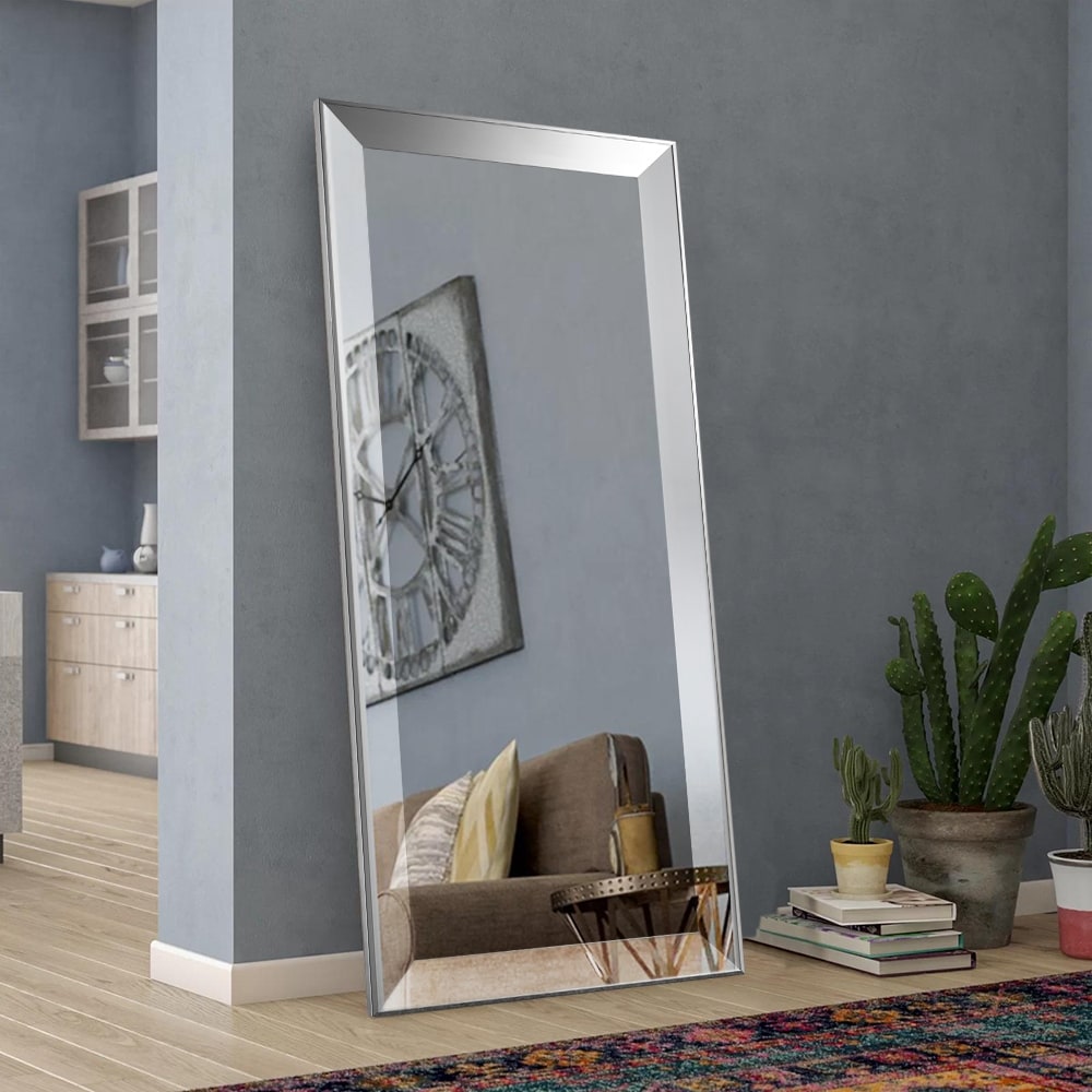 Metallic Stylish Beveled Reflective Silver Full Length Wall Mirror