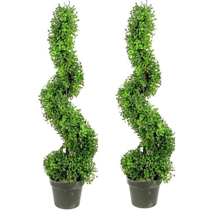 GTR4633-NATURAL-2 3-foot Faux Boxwood Spiral Topiary Plant in Plastic Pots (Set of 2)