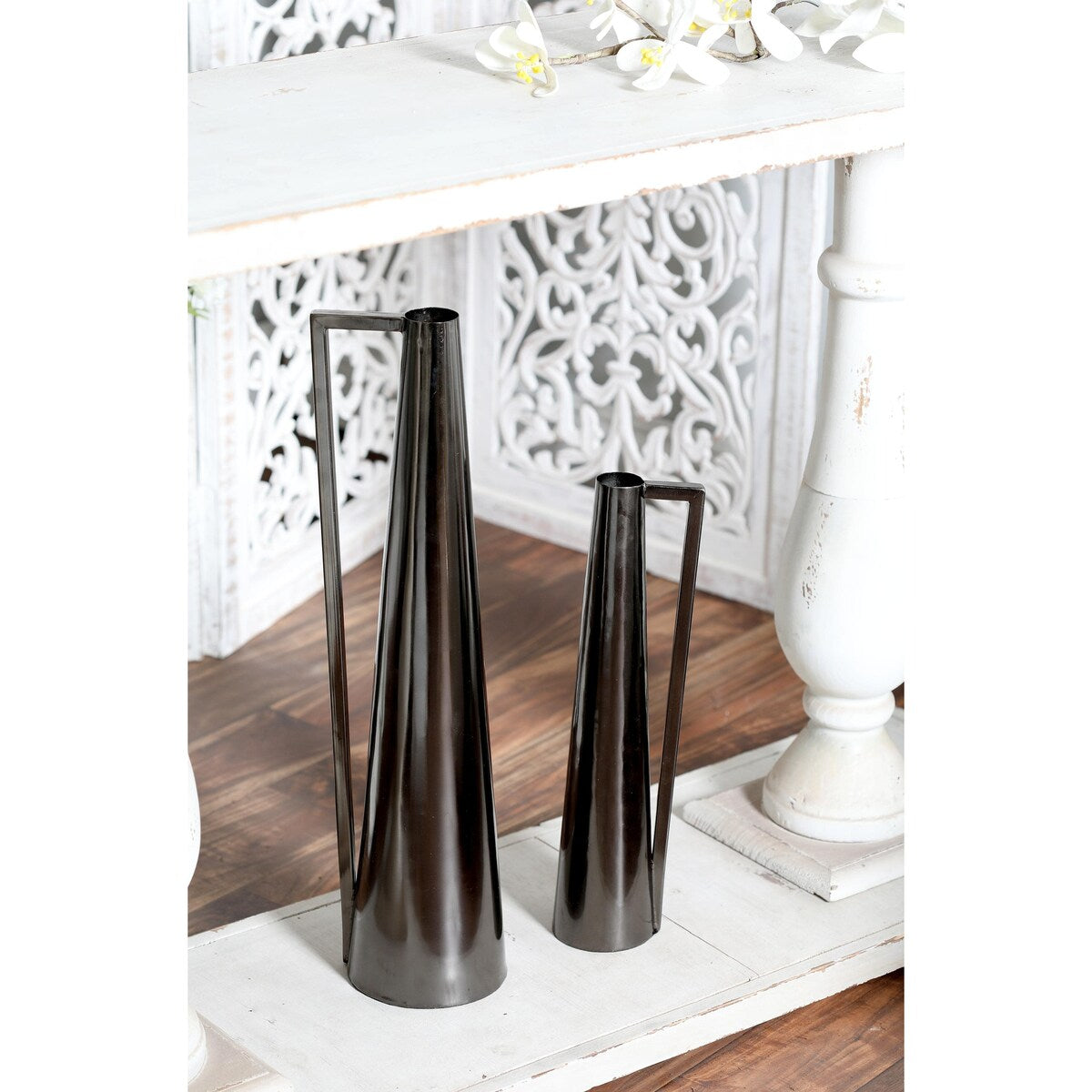 Metal Slim Cone Decorative Vase with Handles - Set of 2 Black, White, Gold, Silver, Dark Gray - CosmoLiving by Cosmopolitan