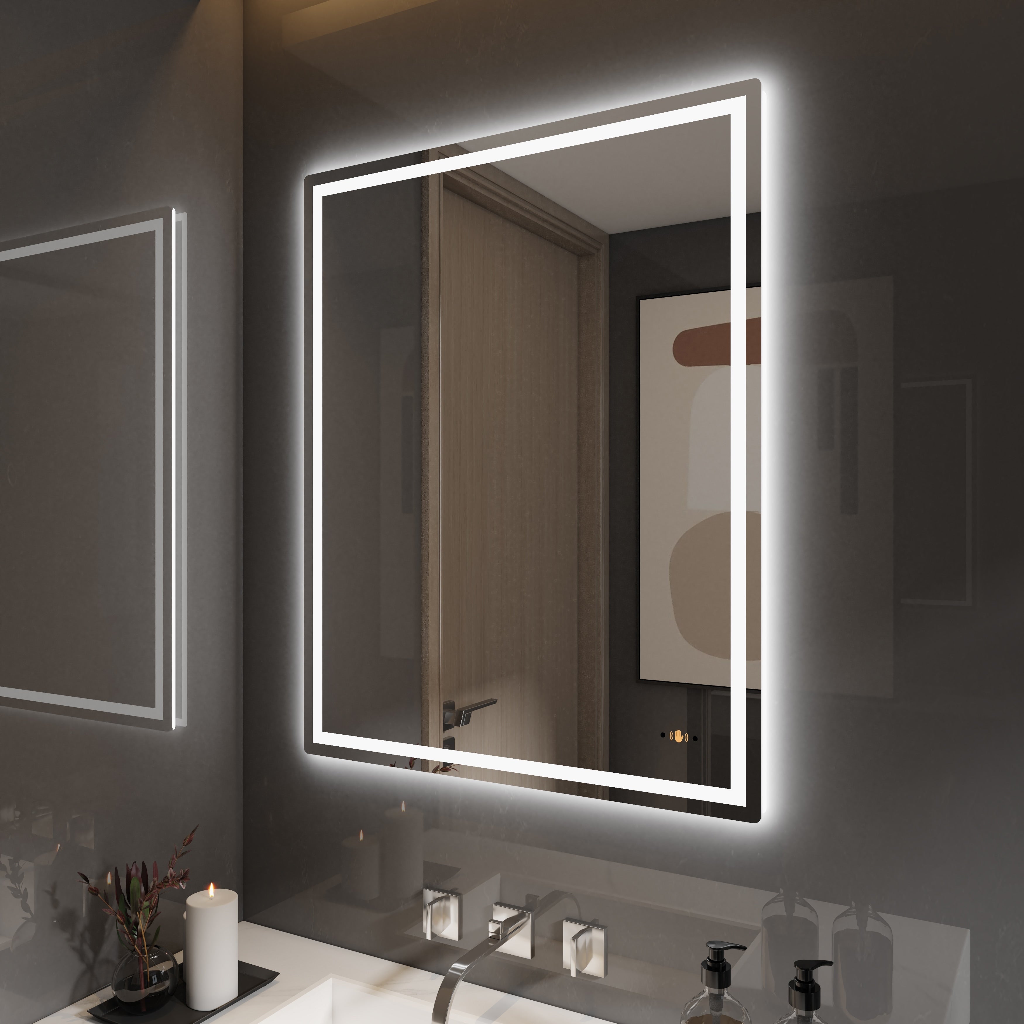 CB HOME Lighted Bathroom Vanity Mirror, LED Wall Mounted Mirror, Gesture Control Smart Lighted Mirror, Dimmable, Frameless