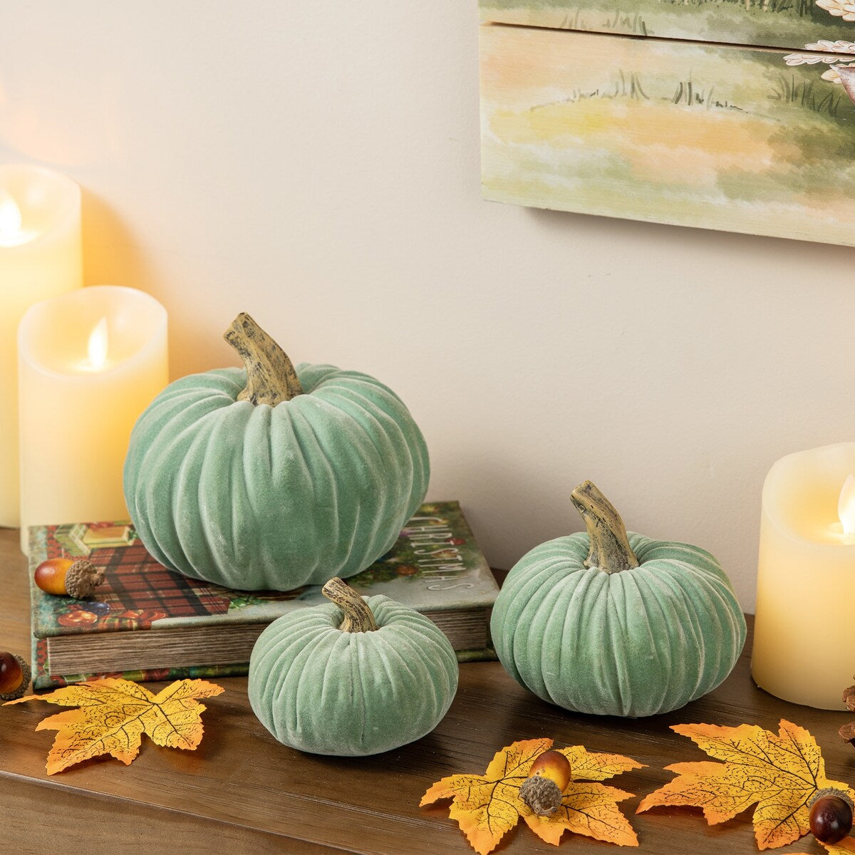 Glitzhome Set of 3 Mint Green Velvet/Resin Fall Harvest Art Pumpkins for Thanksgiving Centerpiece