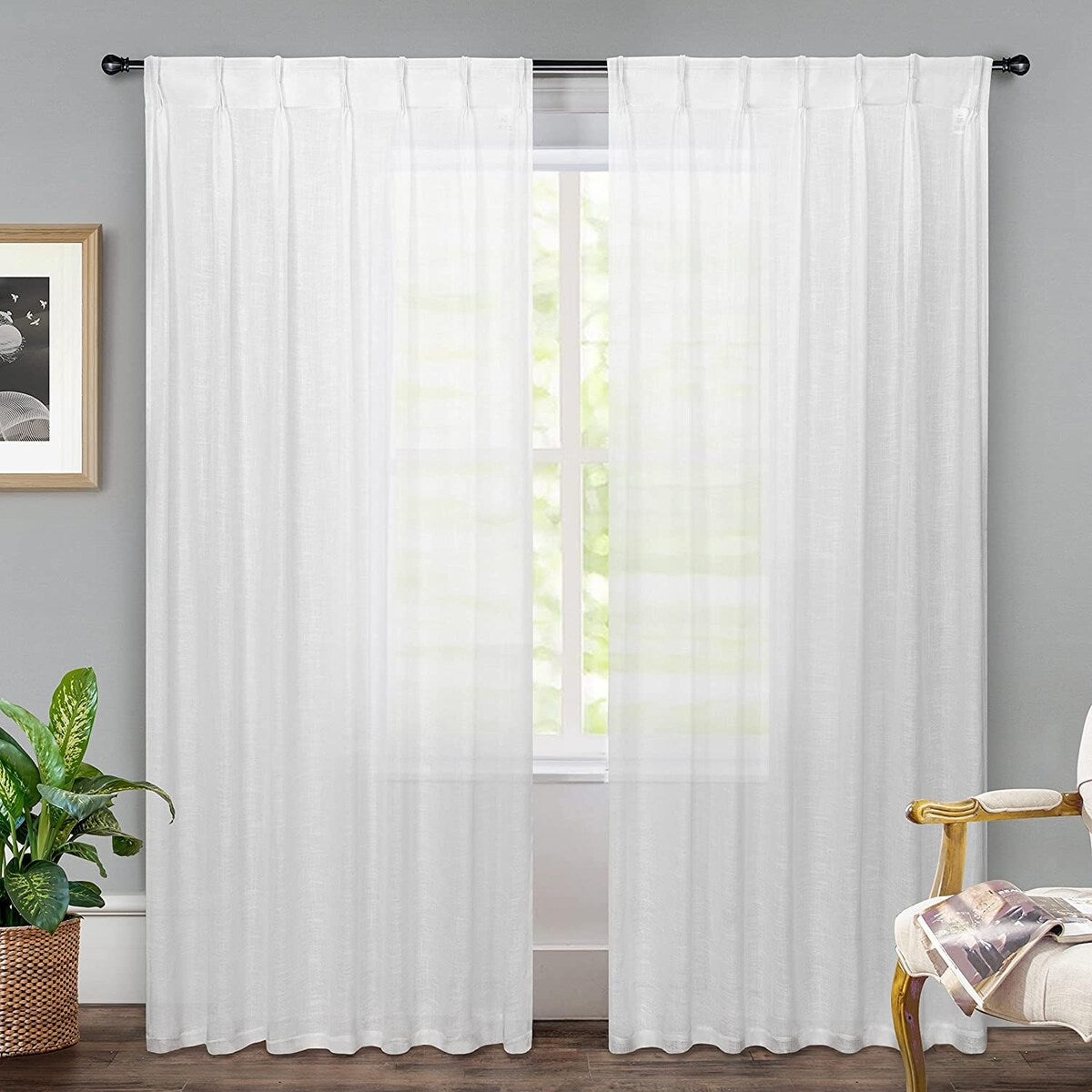 DriftAway Pinch Pleat Solid White Color Linen Textured Slub Sheer Curtains Light Filtering Privacy Drape