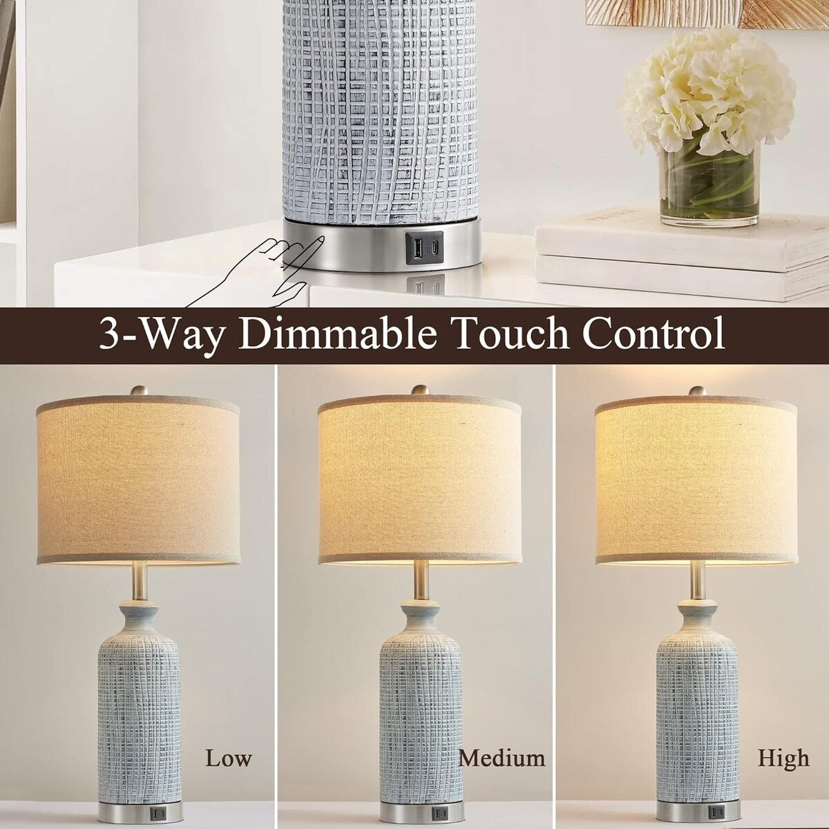 Farmhouse Table Lamps Set of 2, 3 Way Dimmable