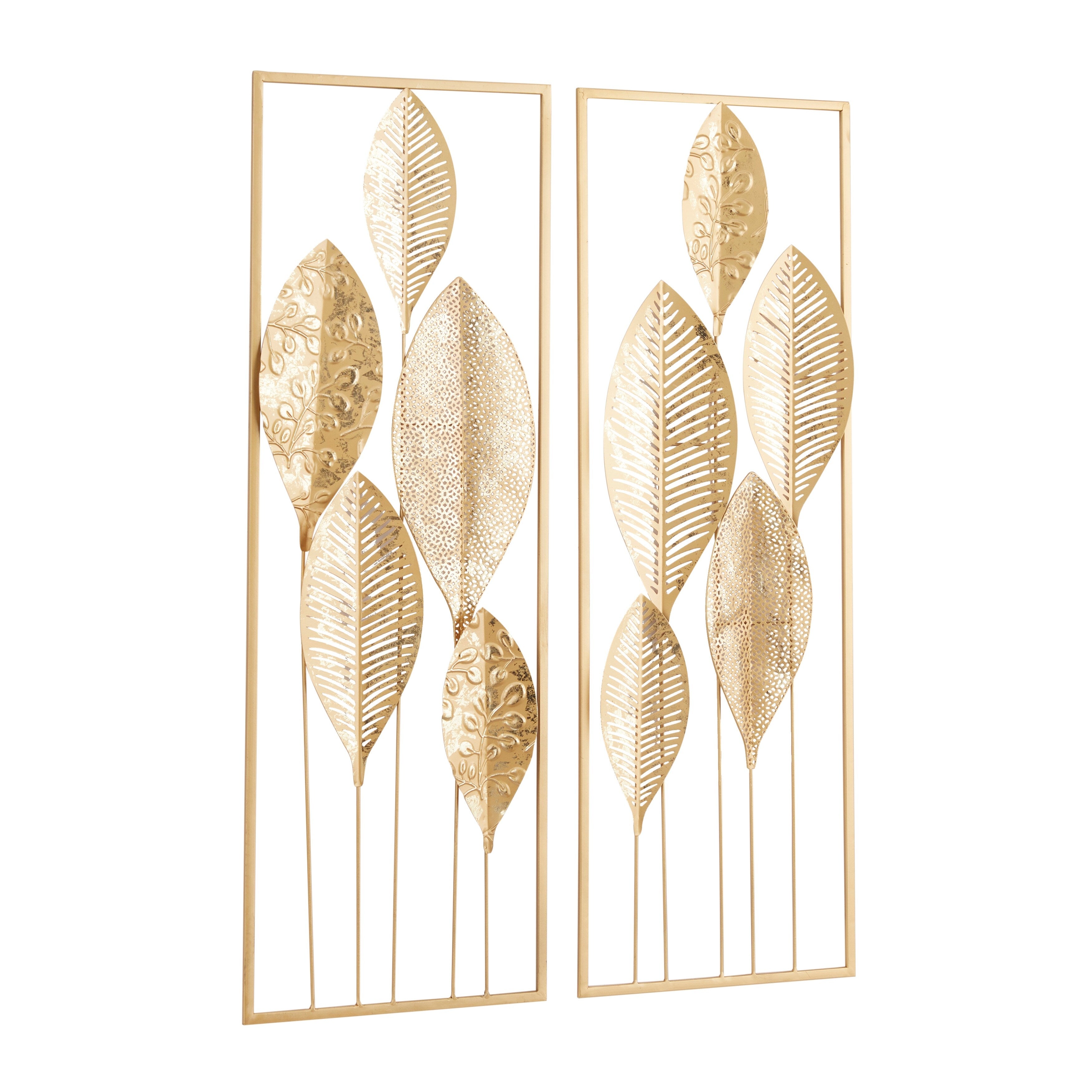 CosmoLiving by Cosmopolitan Gold Metal Tall Cut-Out Leaf Wall Decor with Gold Frame (Set of 2)