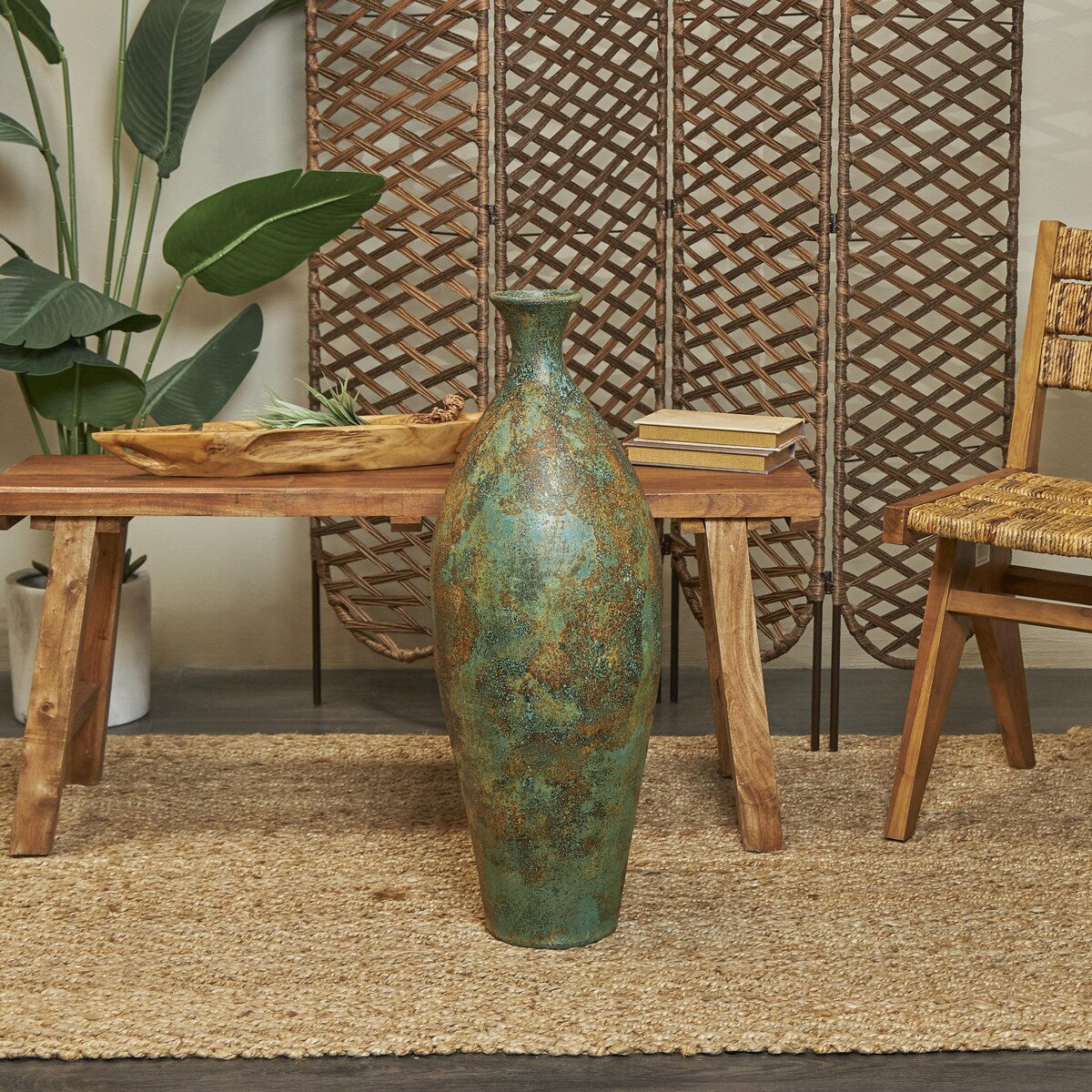 Ceramic Tall Distressed Antique Style Decorative Vase - Green - Roche River Decor