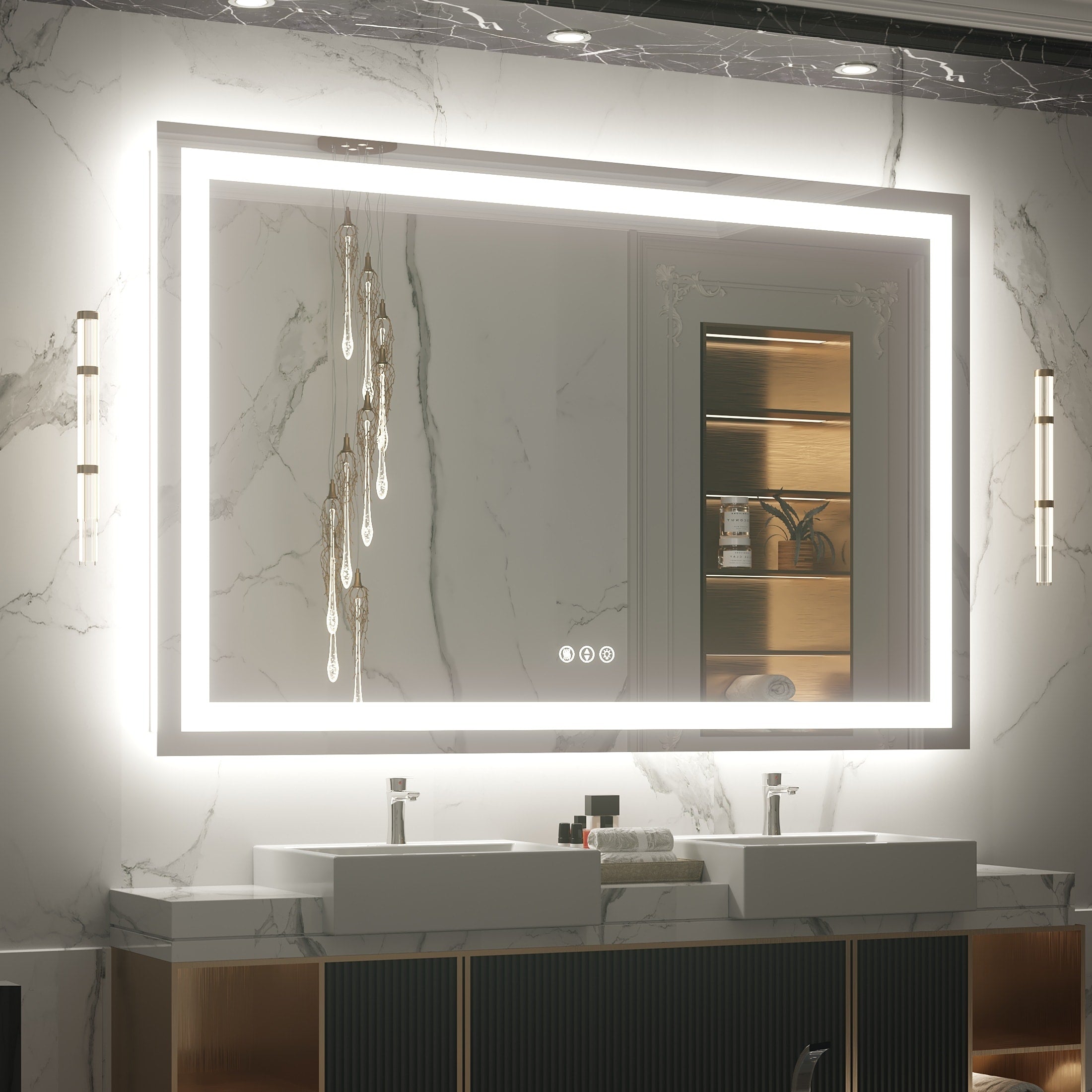 Large Rectangular Frameless Anti-Fog LED Light Wall Mounted Bathroom Vanity Mirror in White - N/A