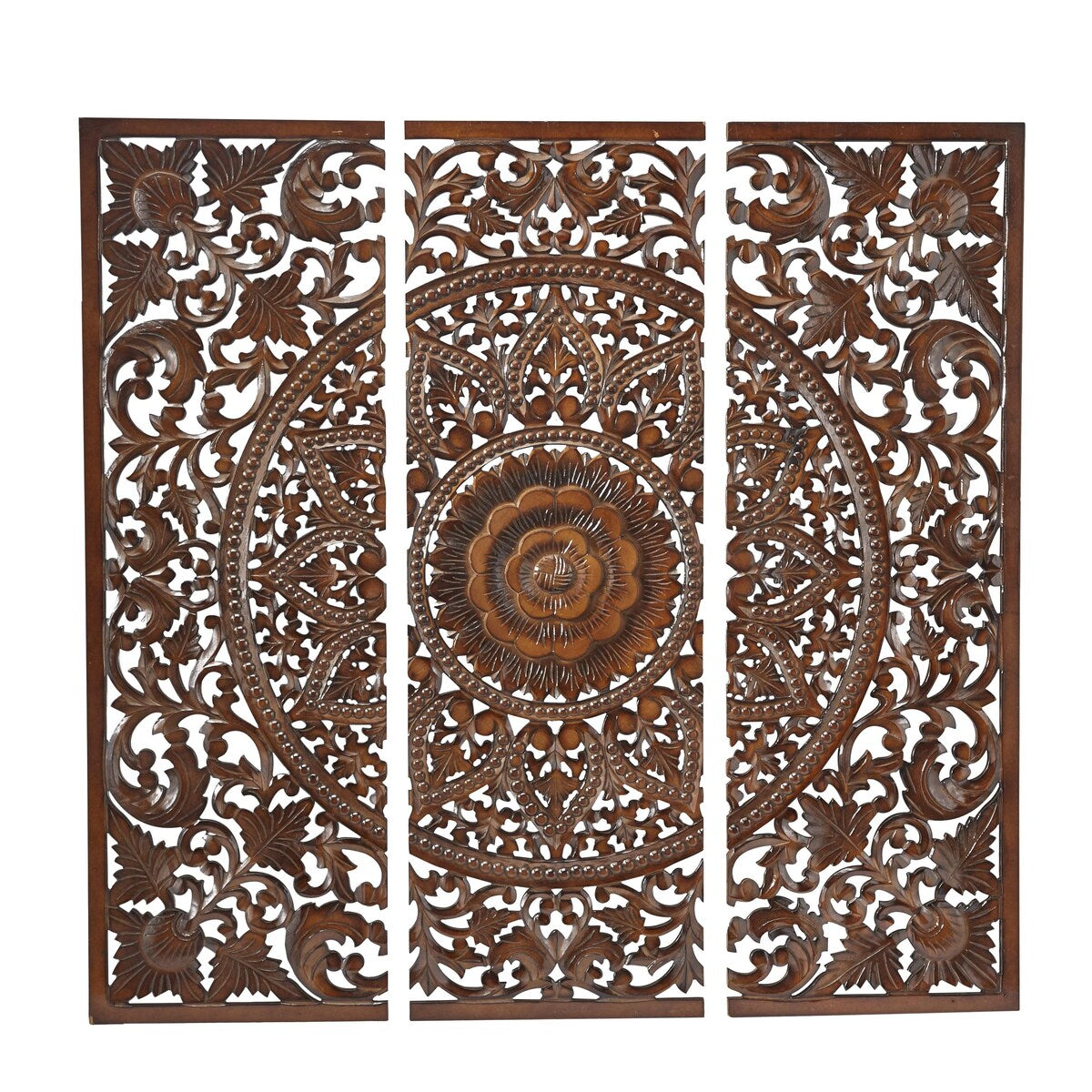 Wooden Floral Handmade Intricately Carved Home Wall Decor with Mandala Design - Set of 3 Brown - Roche River Decor