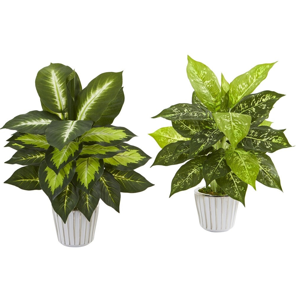 19 Dieffenbachia Artificial Plant in White Vase (Set of 2)