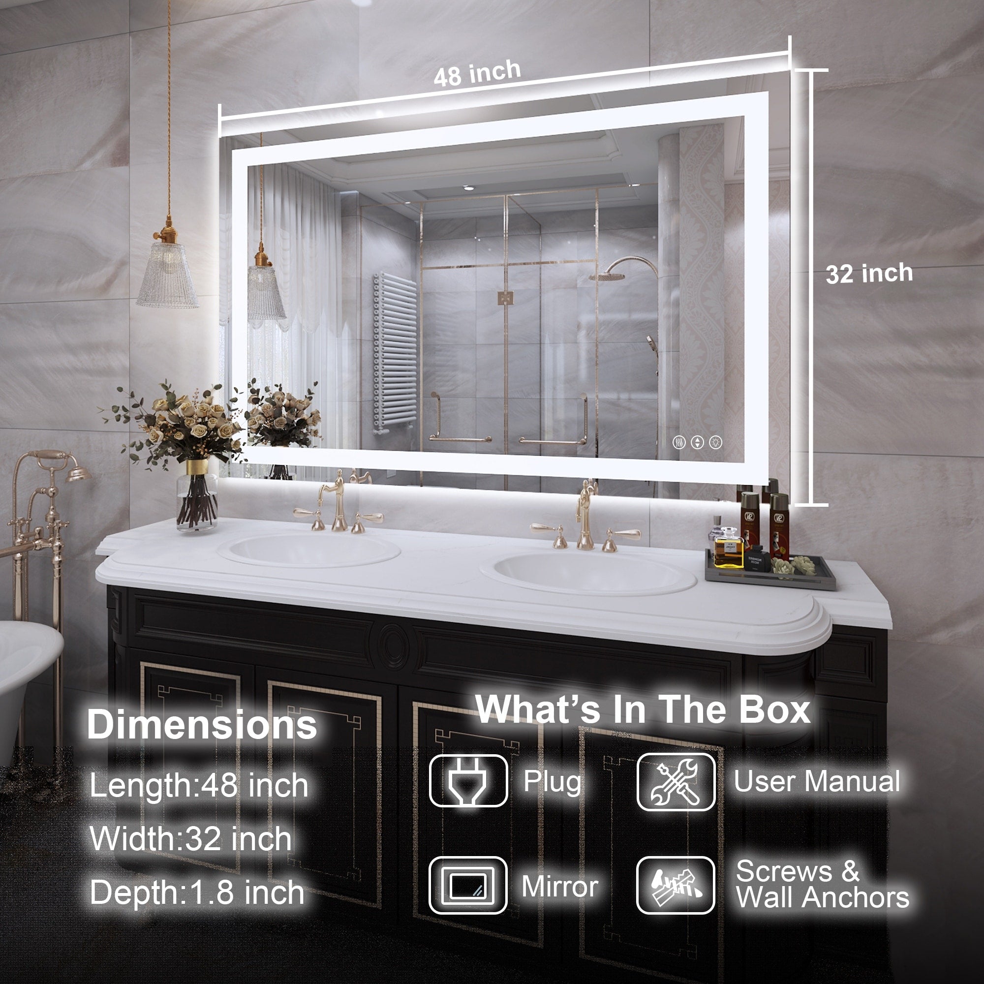 Large Rectangular Frameless Anti-Fog LED Light Wall Mounted Bathroom Vanity Mirror in White - N/A