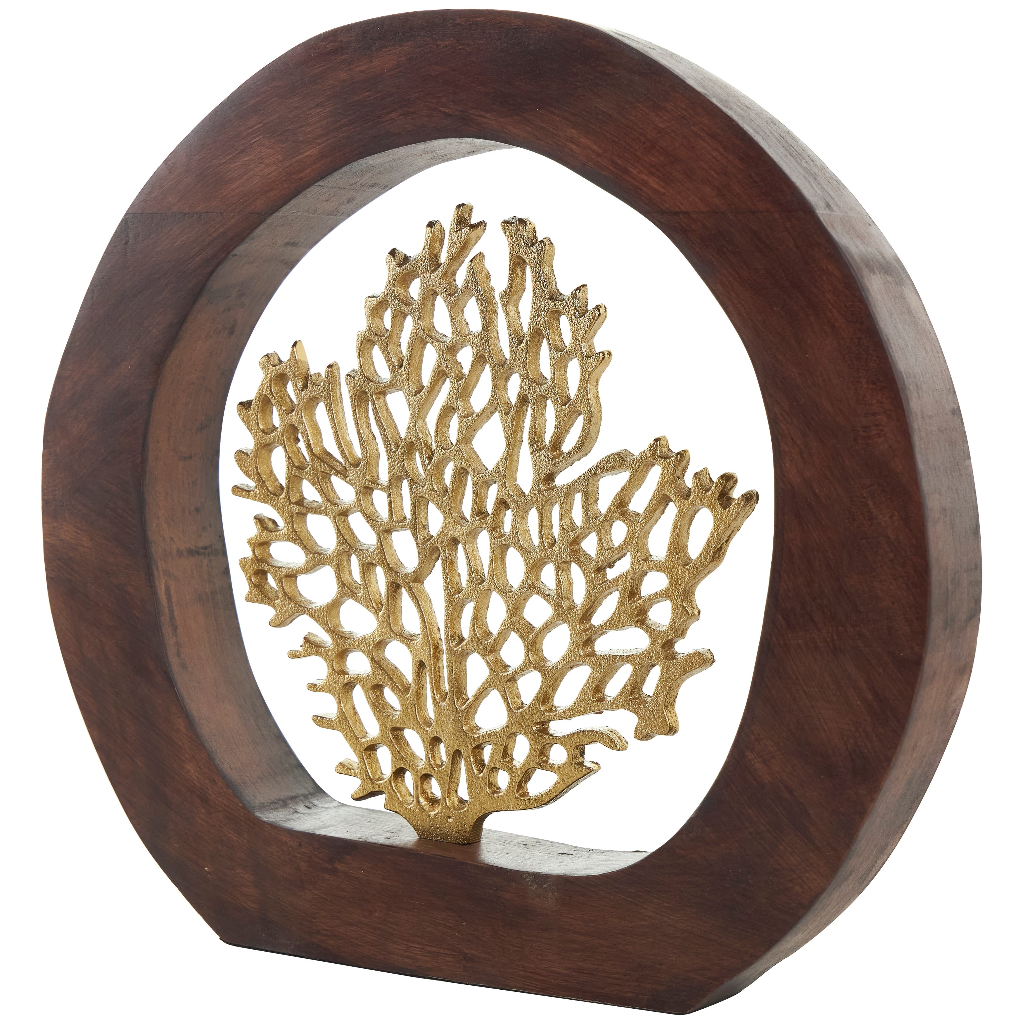 Gold Aluminum Metal Coral Decorative Sculpture with Brown Wooden Frame