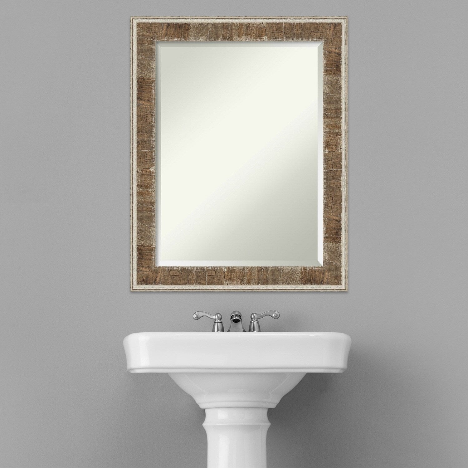 Beveled Wood Bathroom Wall Mirror - Farmhouse Brown Narrow Frame