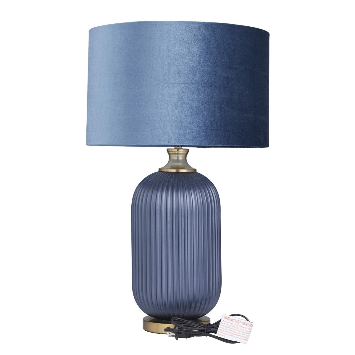 Fabric or Glass Ribbed Room Table Lamp with Velvet Shade and Gold Accents - Blue - Roche River Decor