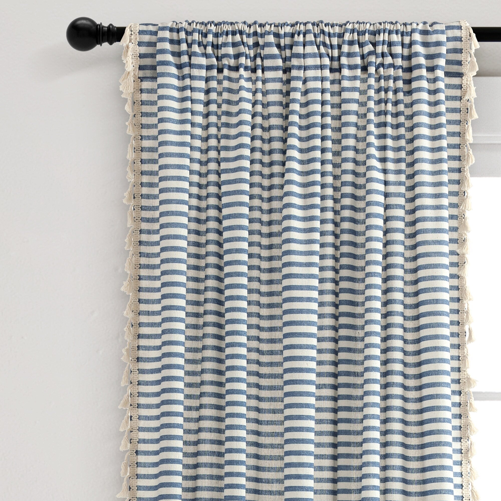 Lush Decor Boho Coastal Horizontal Ticking Stripe Tassel Window Curtain Panels