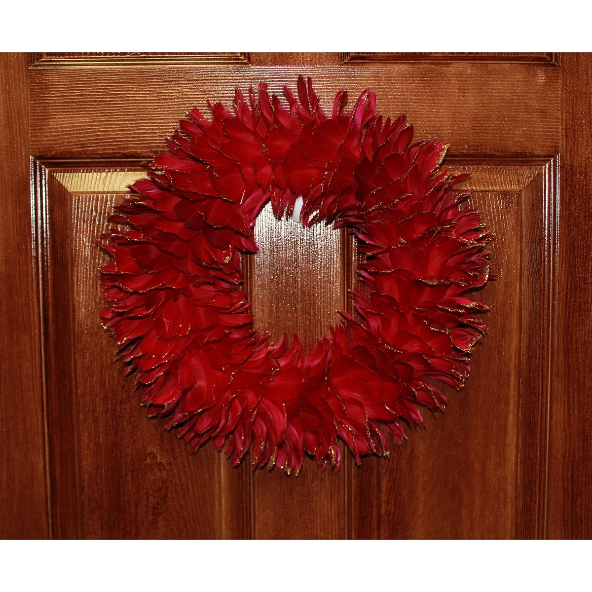 12 Feather Wreath w/ Glitter Tips, Red