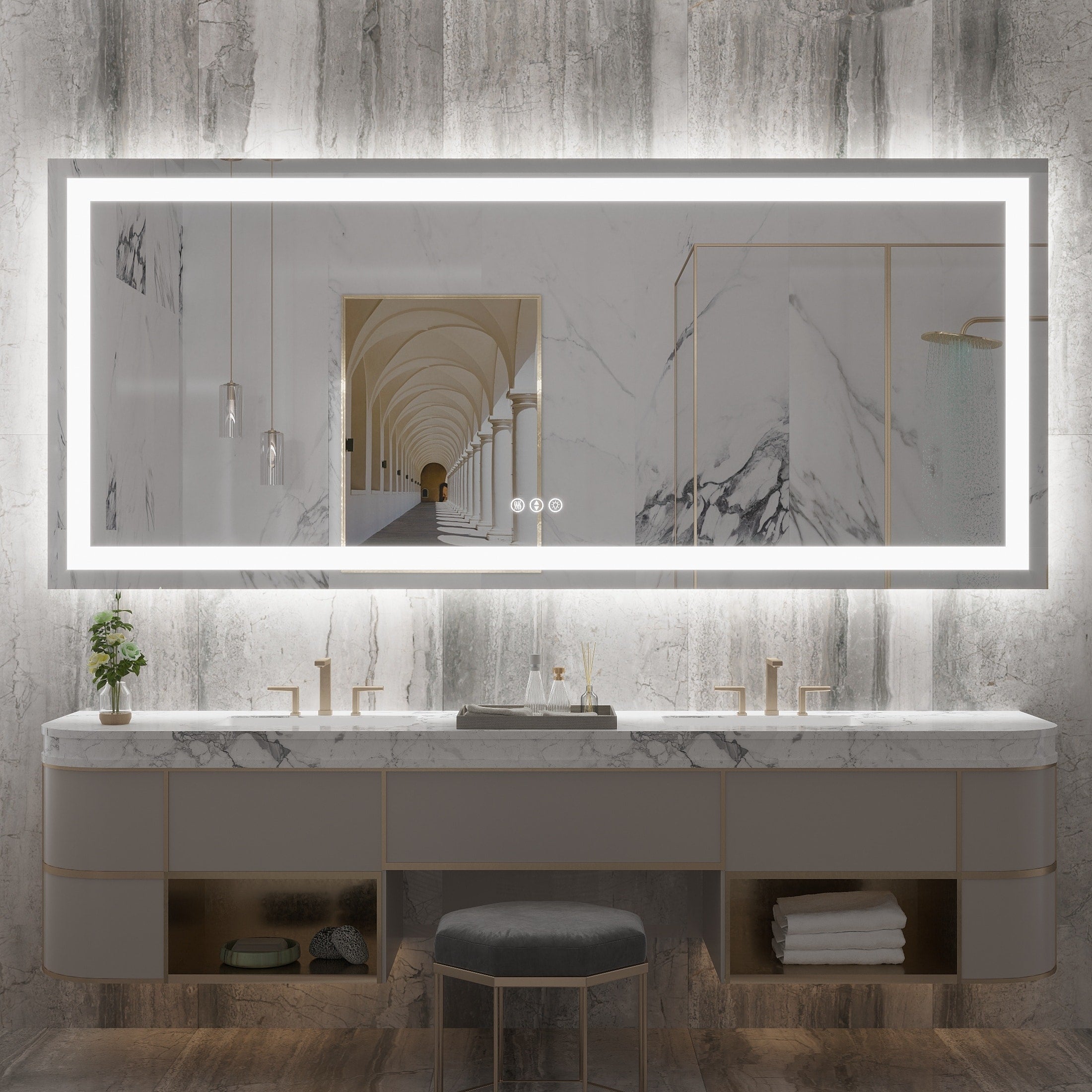 Large Rectangular Frameless Anti-Fog LED Light Wall Mounted Bathroom Vanity Mirror in White - N/A