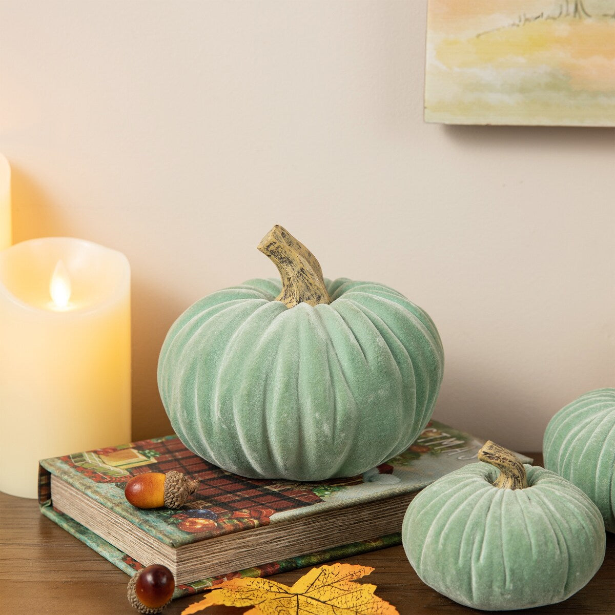 Glitzhome Set of 3 Mint Green Velvet/Resin Fall Harvest Art Pumpkins for Thanksgiving Centerpiece