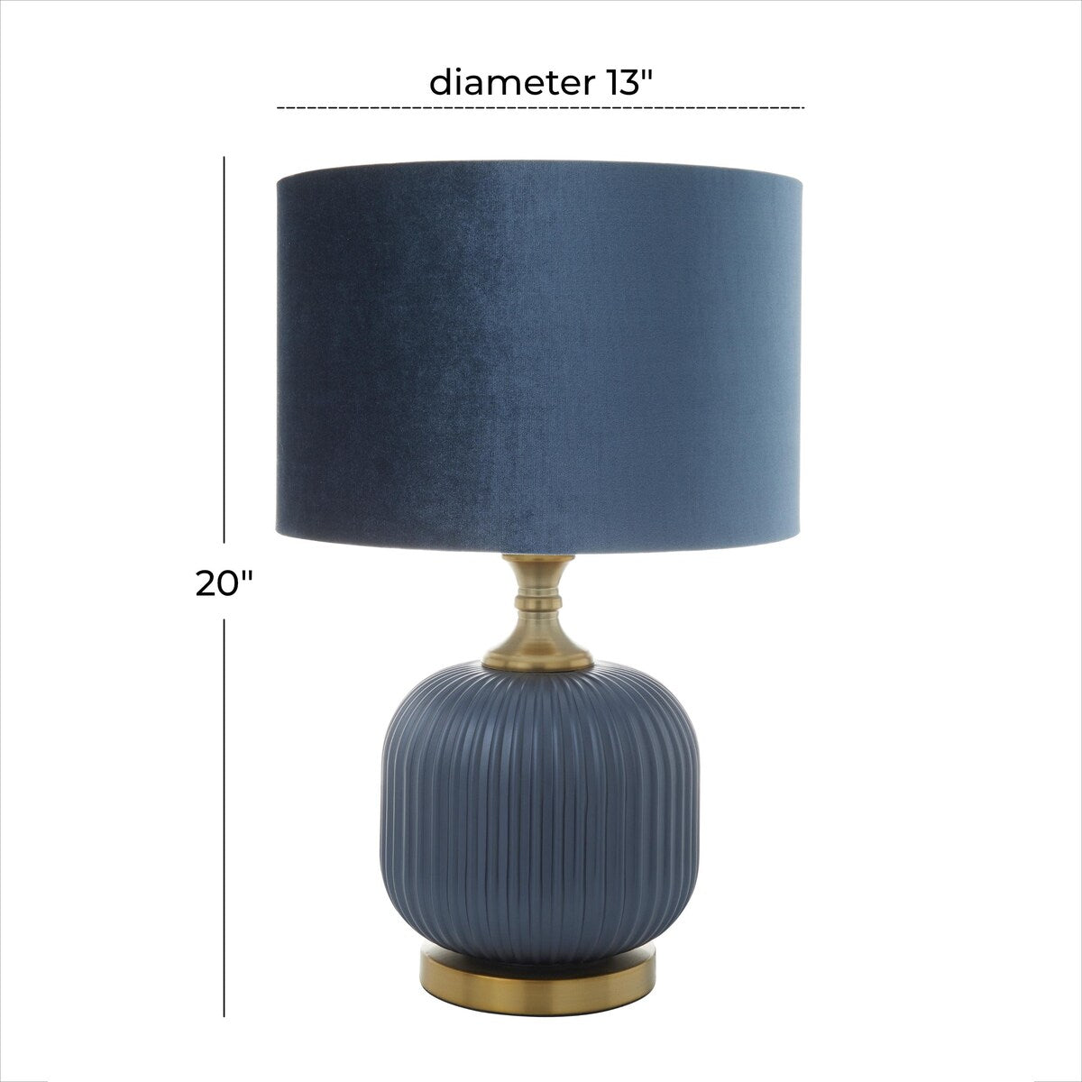 Fabric or Glass Ribbed Room Table Lamp with Velvet Shade and Gold Accents - Blue - Roche River Decor