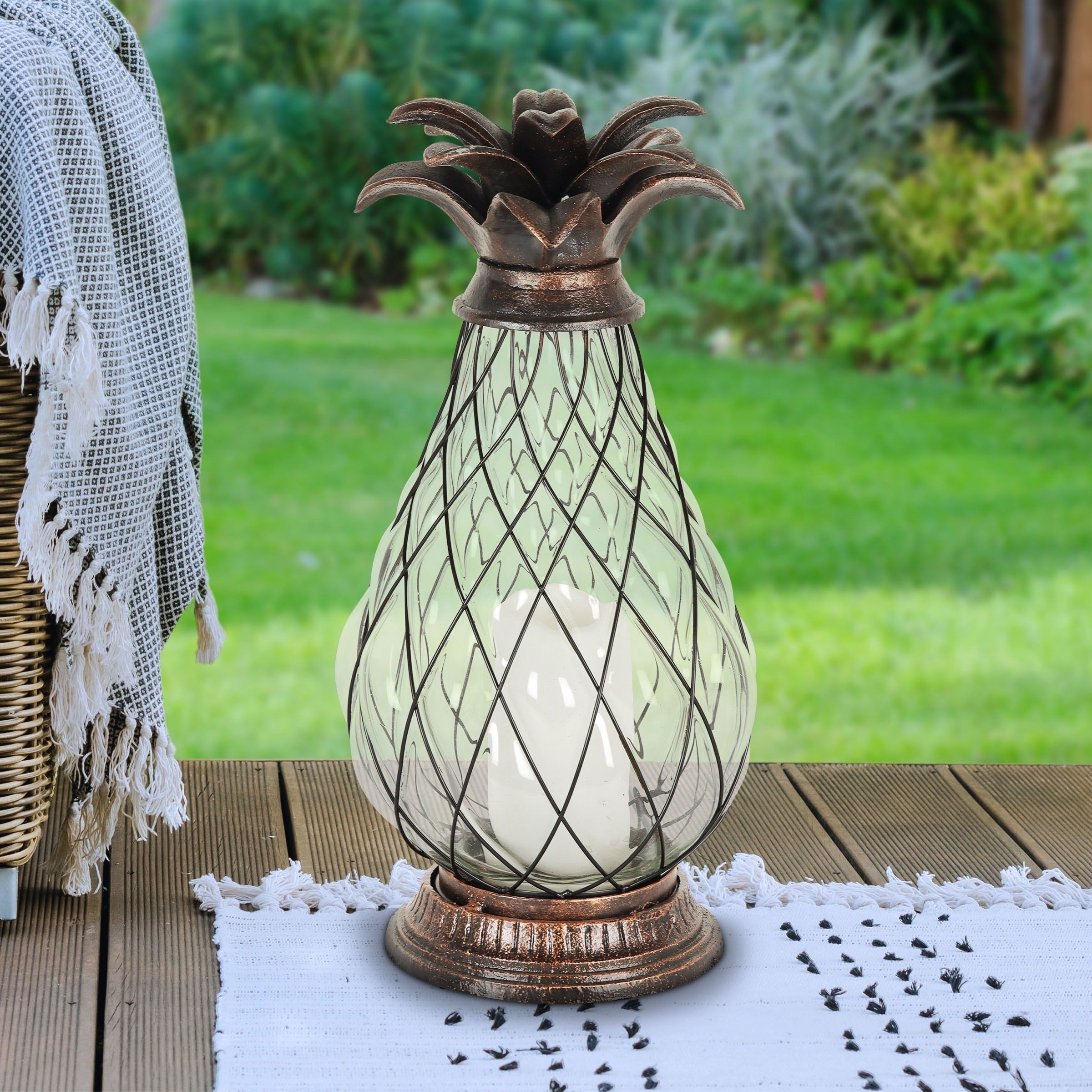 Exhart Bronze Pineapple Lantern with Battery Powered LED Candle on a Timer