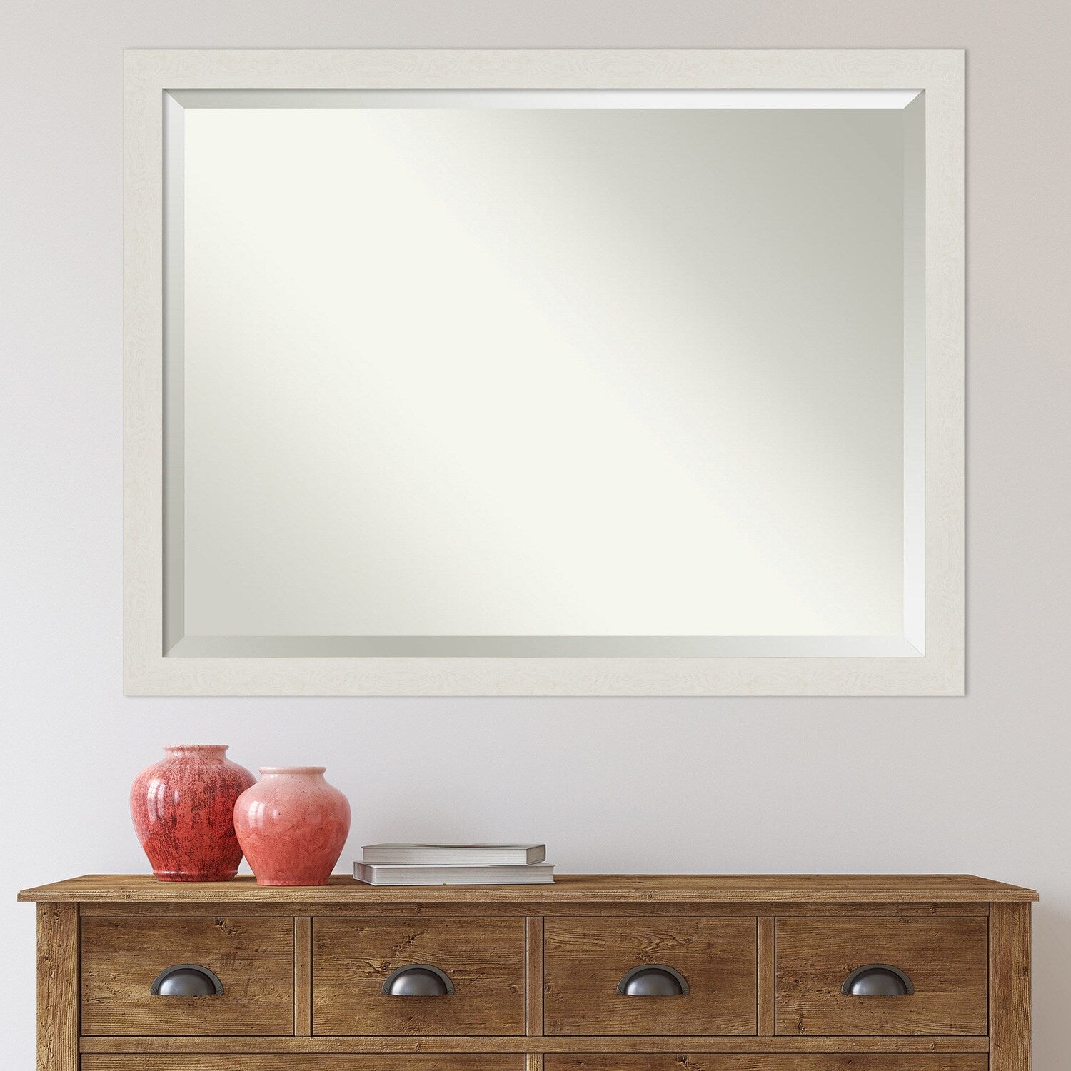 Beveled Bathroom Wall Mirror - Rustic Plank White Narrow Frame