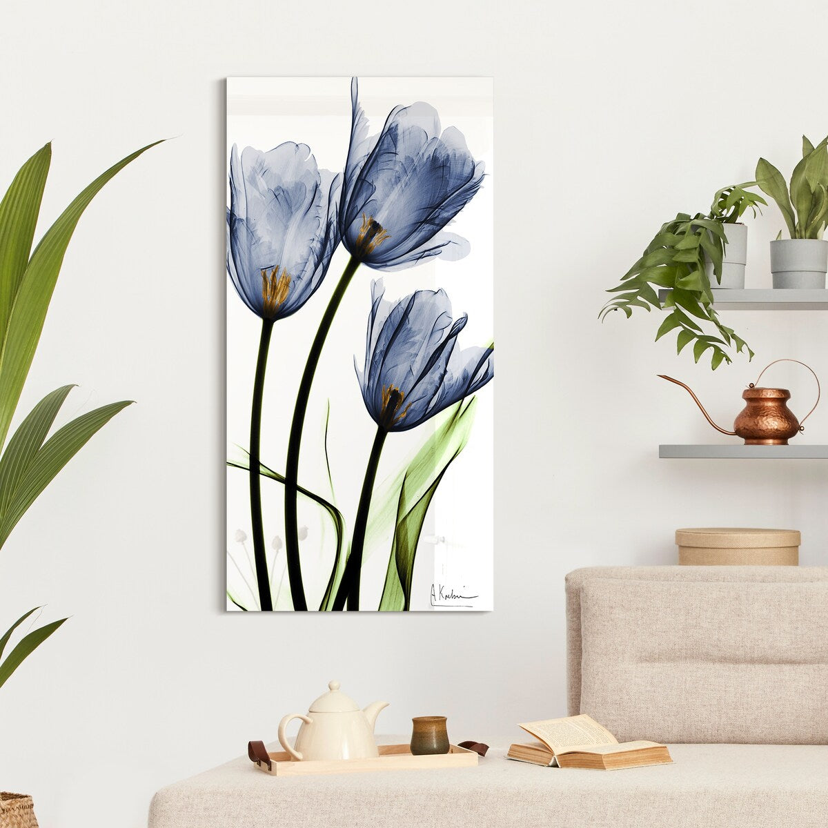 Three Blue Tulips Frameless Free Floating Tempered Glass Panel Graphic Wall Art