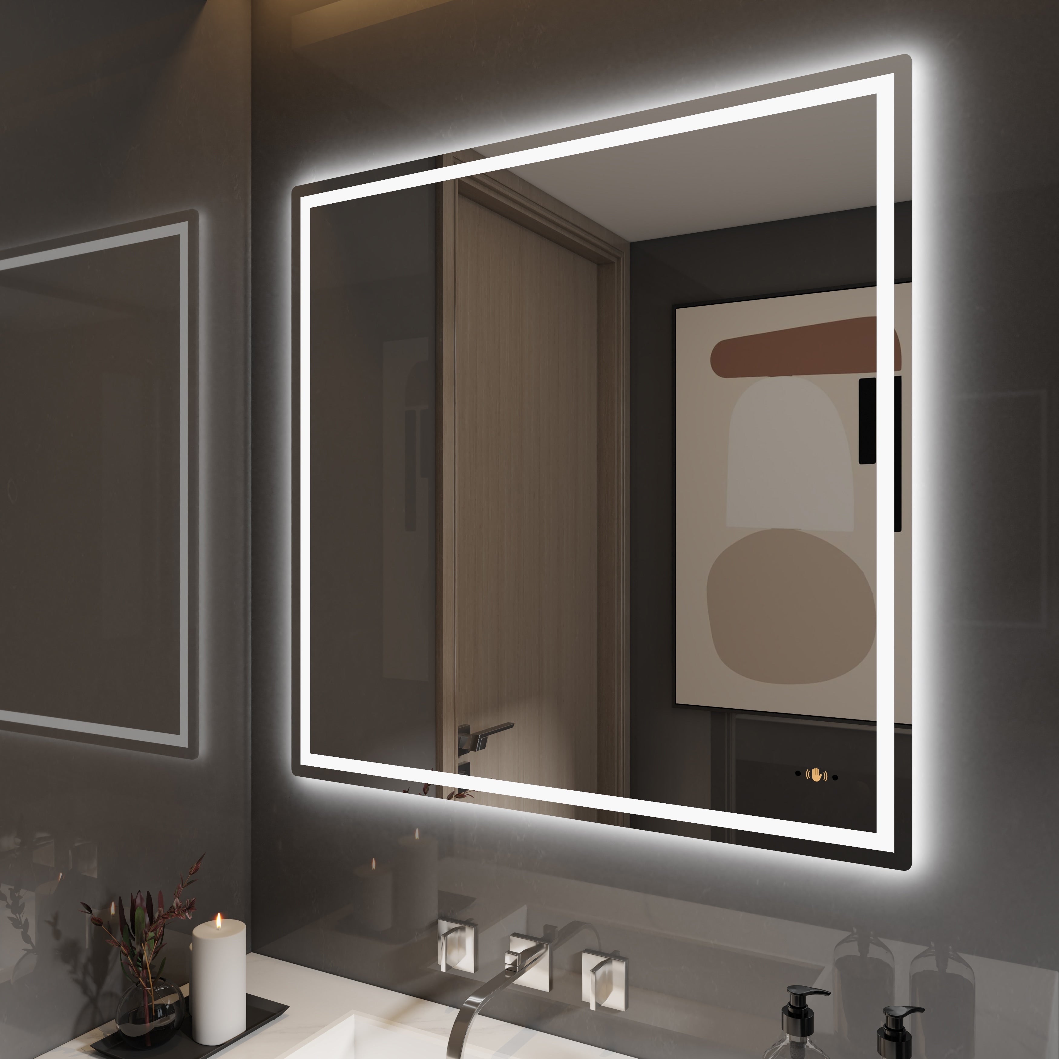 CB HOME Lighted Bathroom Vanity Mirror, LED Wall Mounted Mirror, Gesture Control Smart Lighted Mirror, Dimmable, Frameless