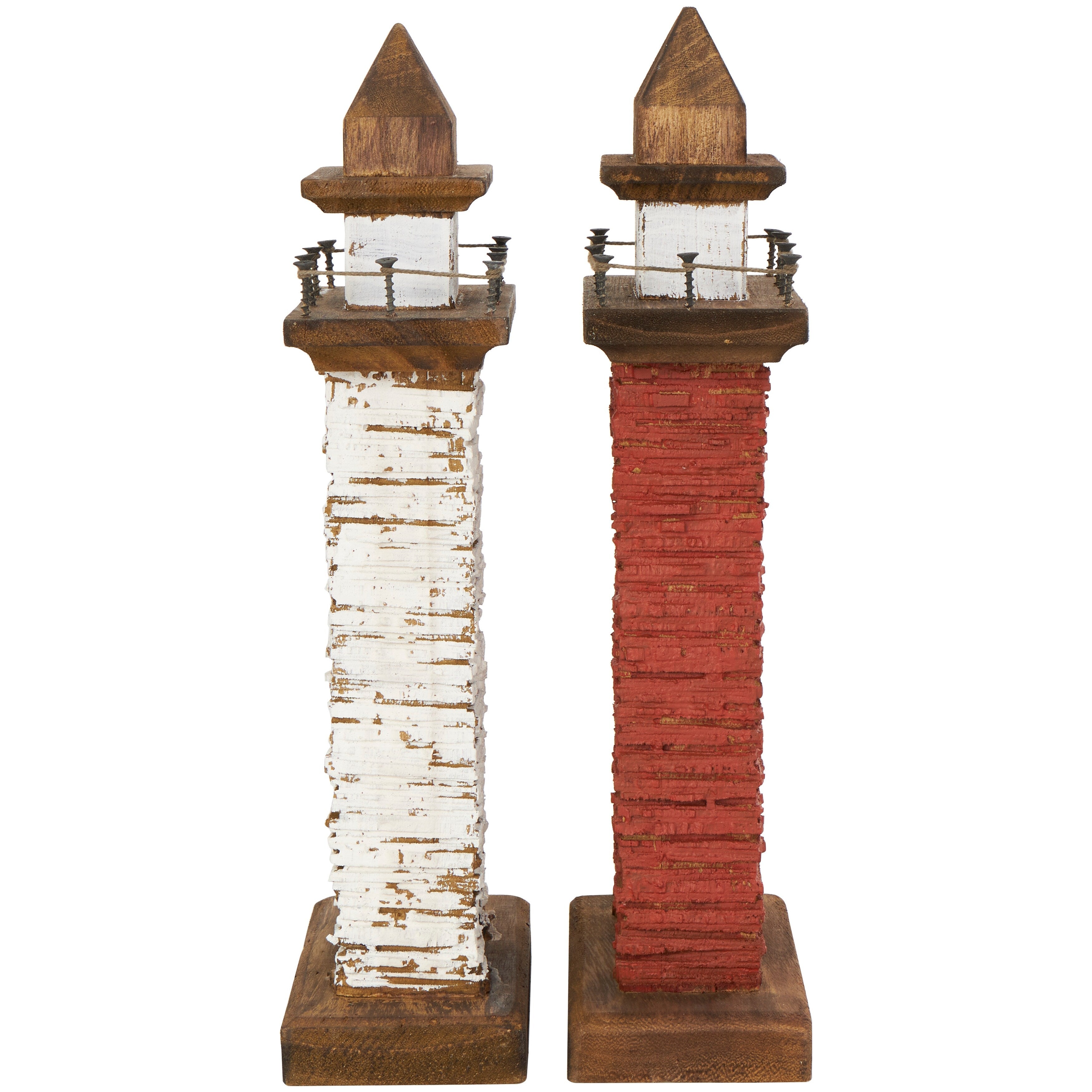 Red Wood Distressed Light House Decorative Sculpture with Cream and Brown Accents (Set of 2)