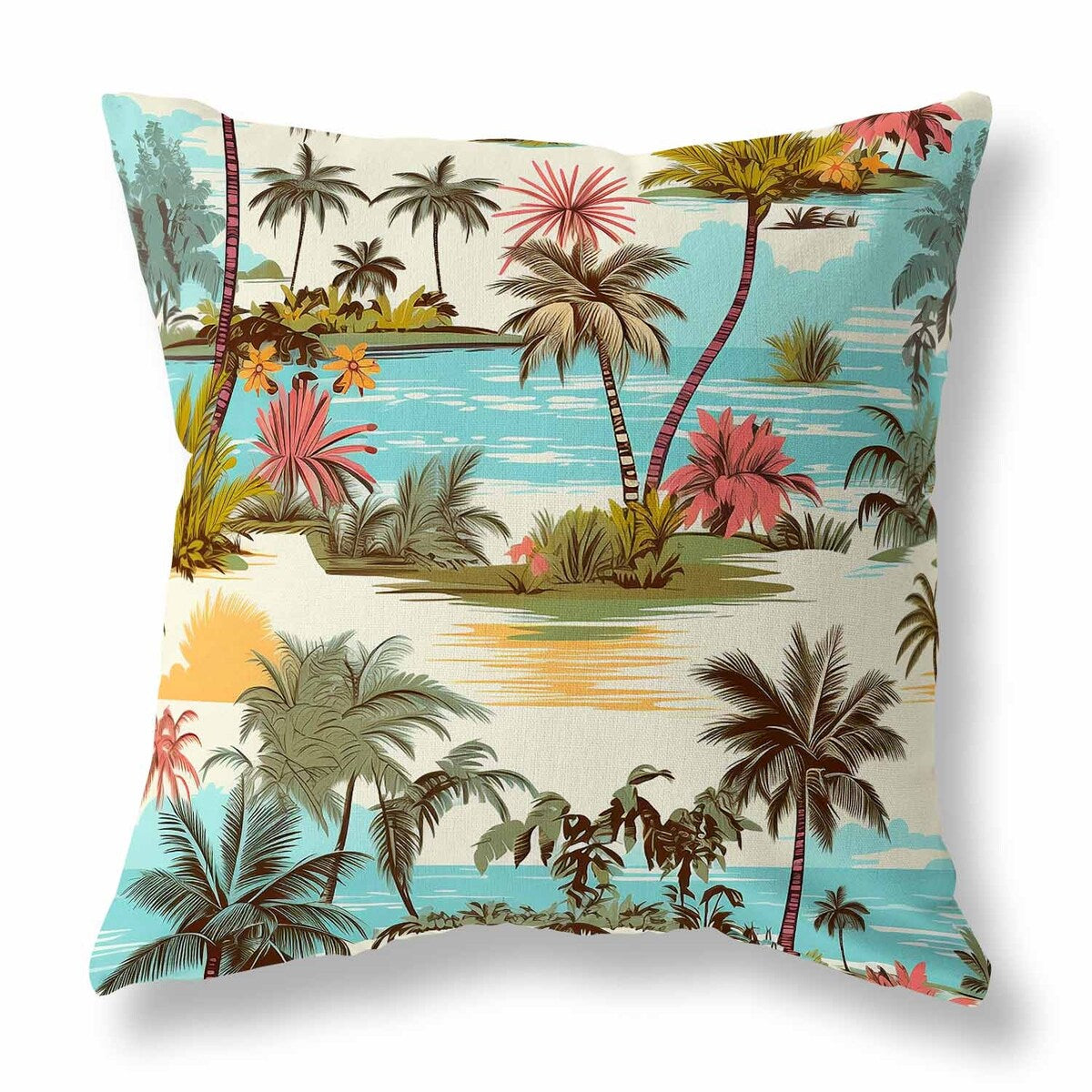 Blue And Pink Tropical Beach Indoor/Outdoor Throw Pillow Zipper