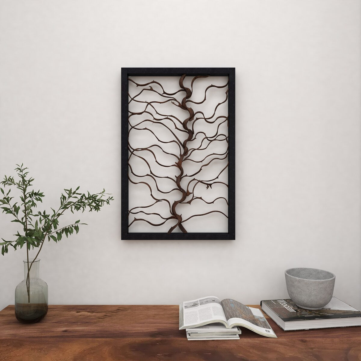 Wood Tree Branch Home Wall Decor with Black Frame - Brown - Roche River Decor