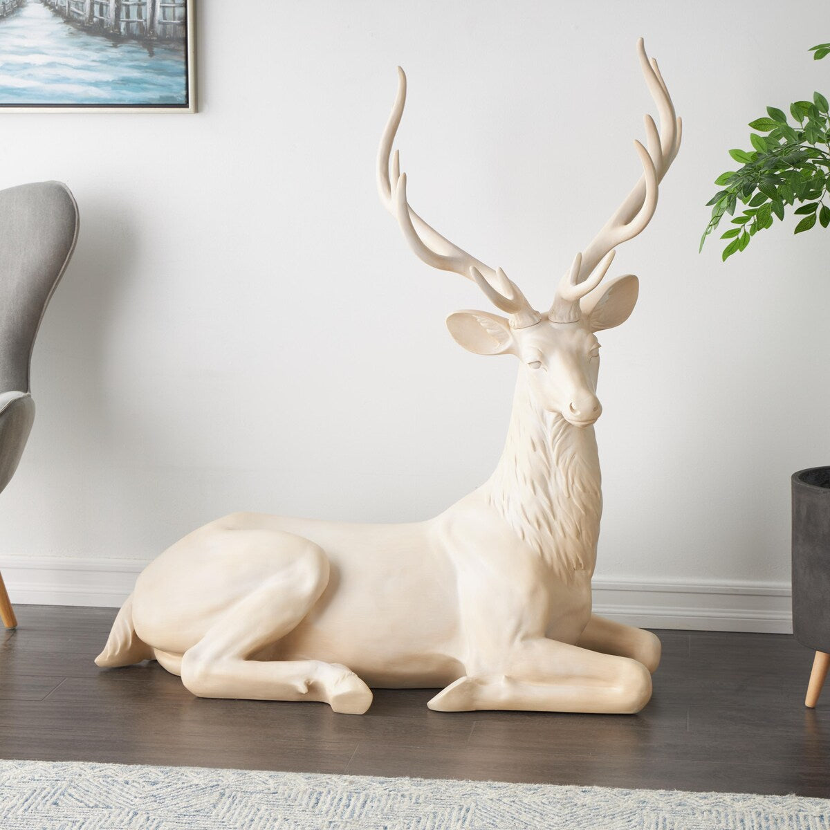 Resin Reindeer Large Textured Floor Decorative Christmas Sculpture - Cream - Roche River Decor