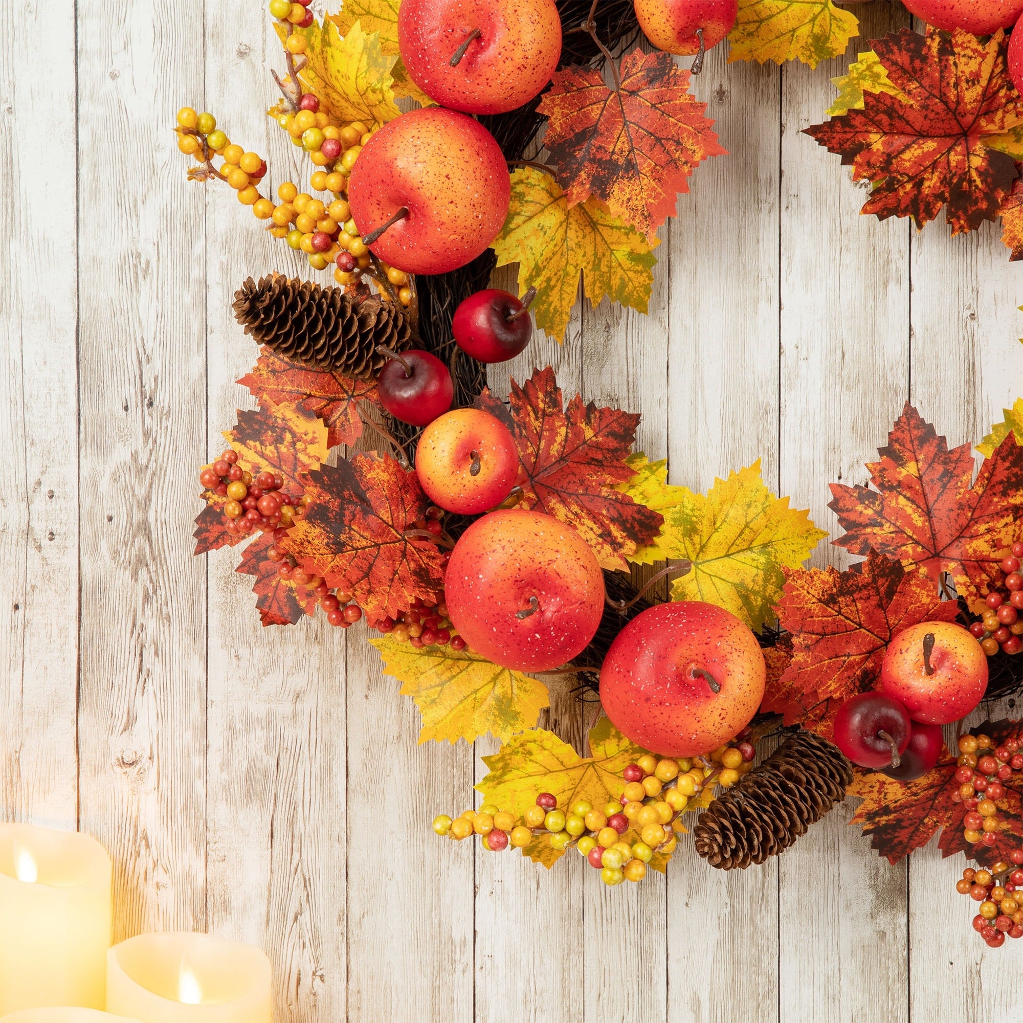 Glitzhome 24D Fall Apple Berry Leaf Wreath for Thanksgiving