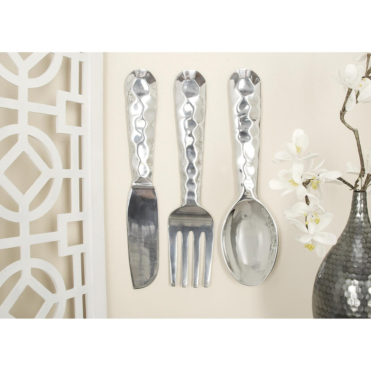 Aluminum Metal Utensils Knife, Spoon and Fork Home Wall Decor - Set of 3 Silver or Copper - Roche River Decor