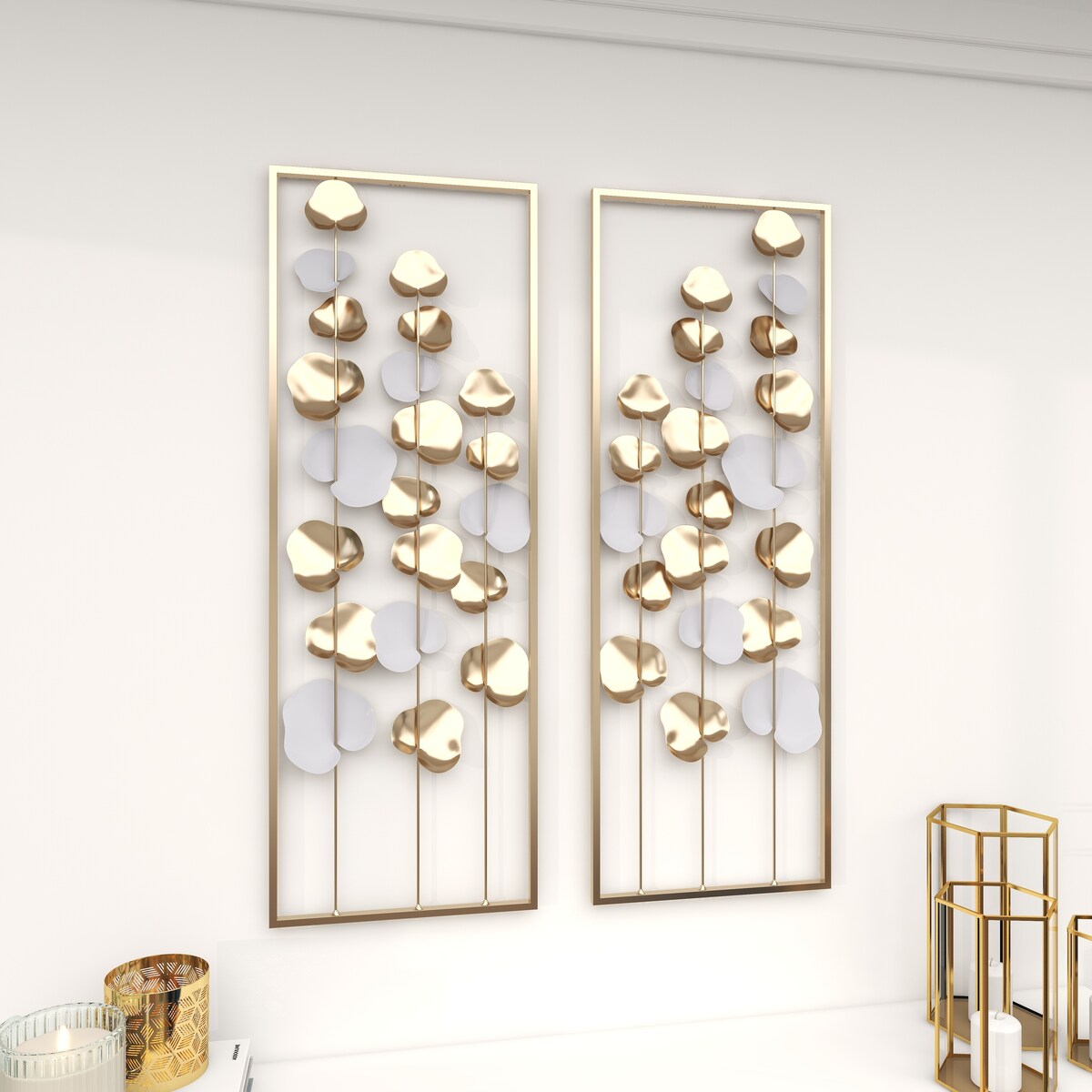 Metal Floral Long Stem Home Wall Decor with White Accents - Gold - Roche River Decor