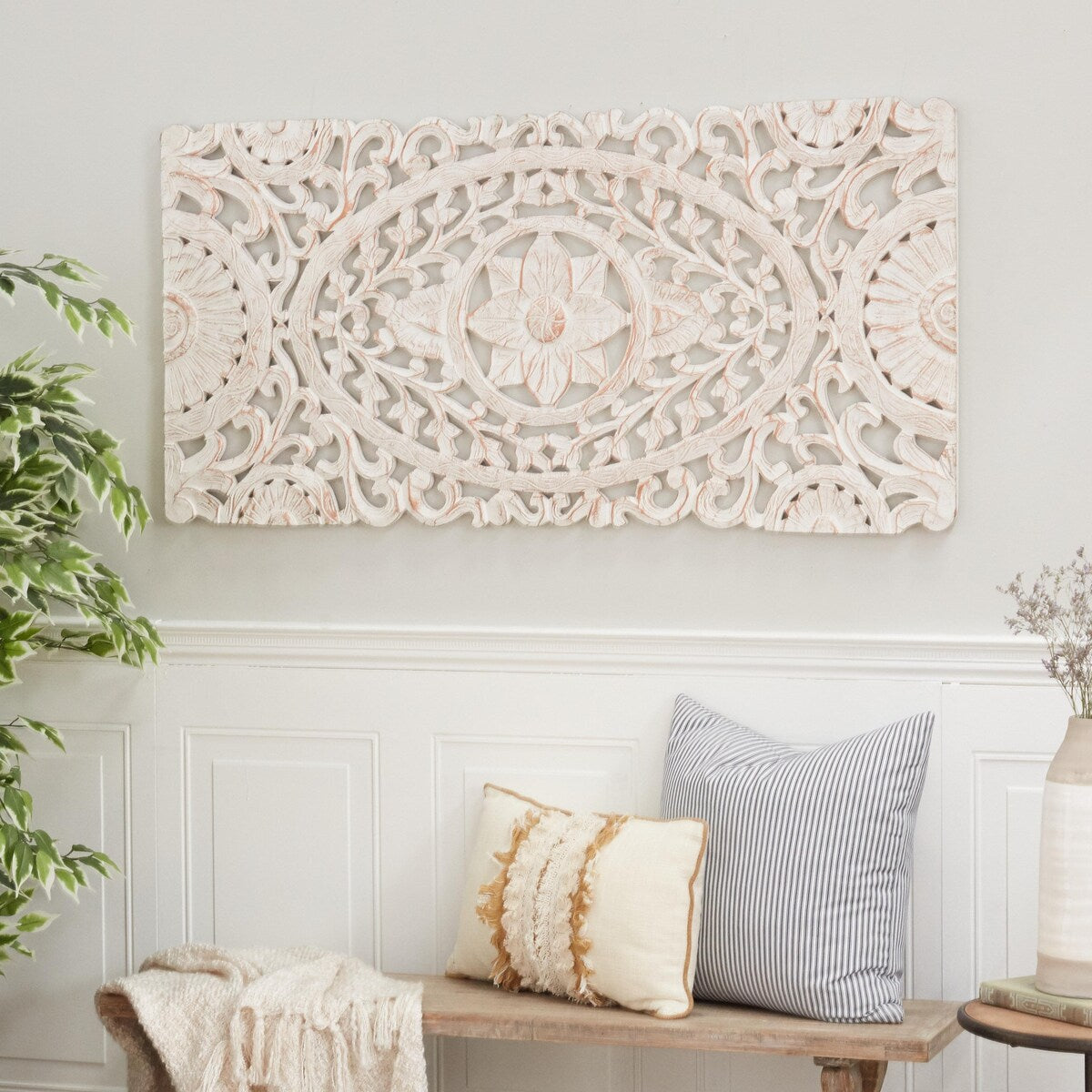 Wooden Floral Handmade Intricately Carved Home Wall Decor - White - Roche River Decor