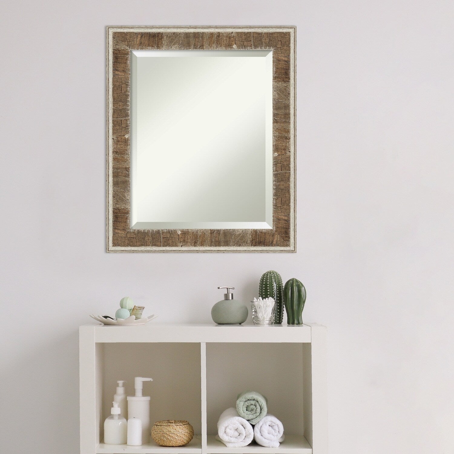 Beveled Wood Bathroom Wall Mirror - Farmhouse Brown Narrow Frame