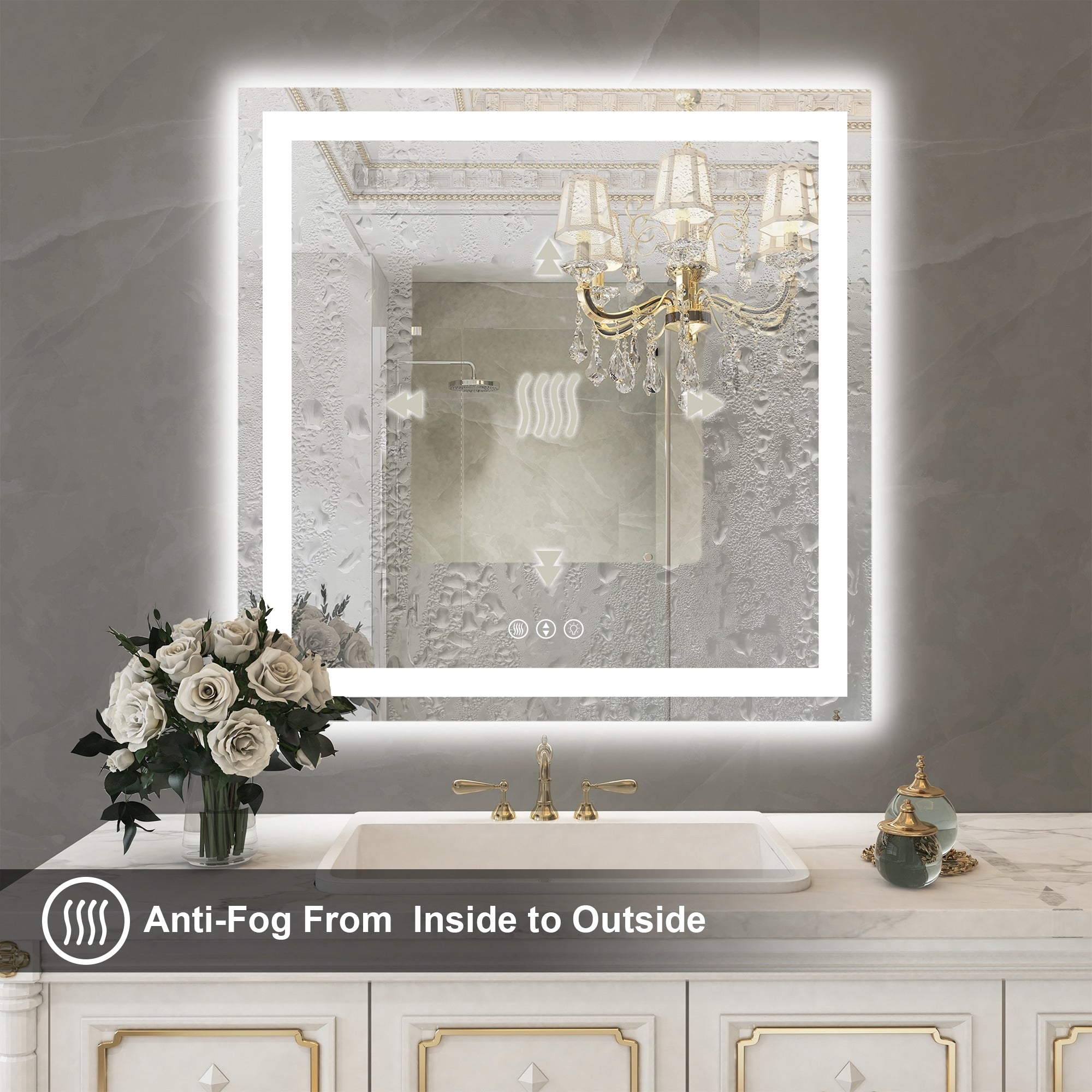 Large Rectangular Frameless Anti-Fog LED Light Wall Mounted Bathroom Vanity Mirror in White - N/A