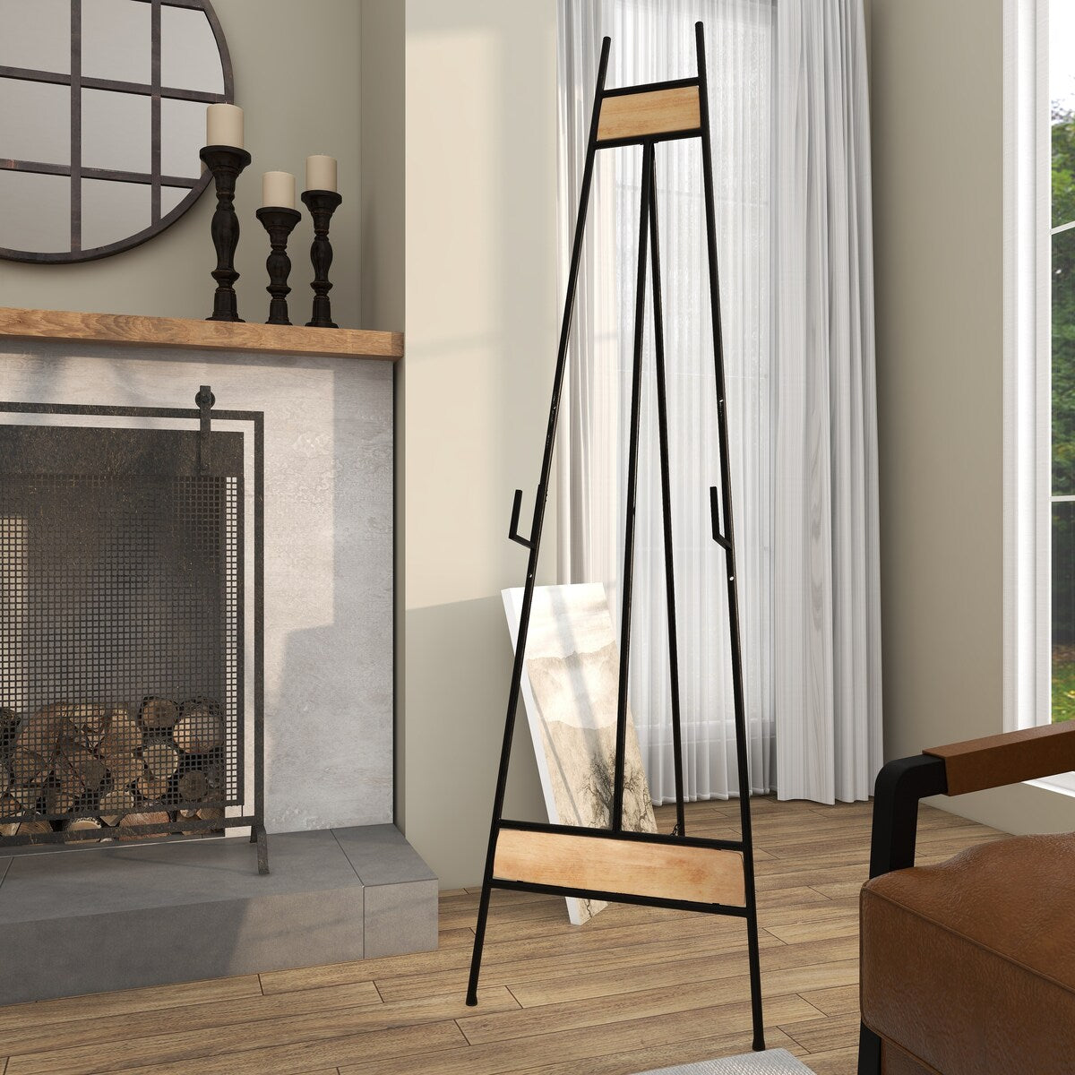 Metal Adjustable 3 Tier Display Easel with Chain Support and Wood Accents - Black - Roche River Decor