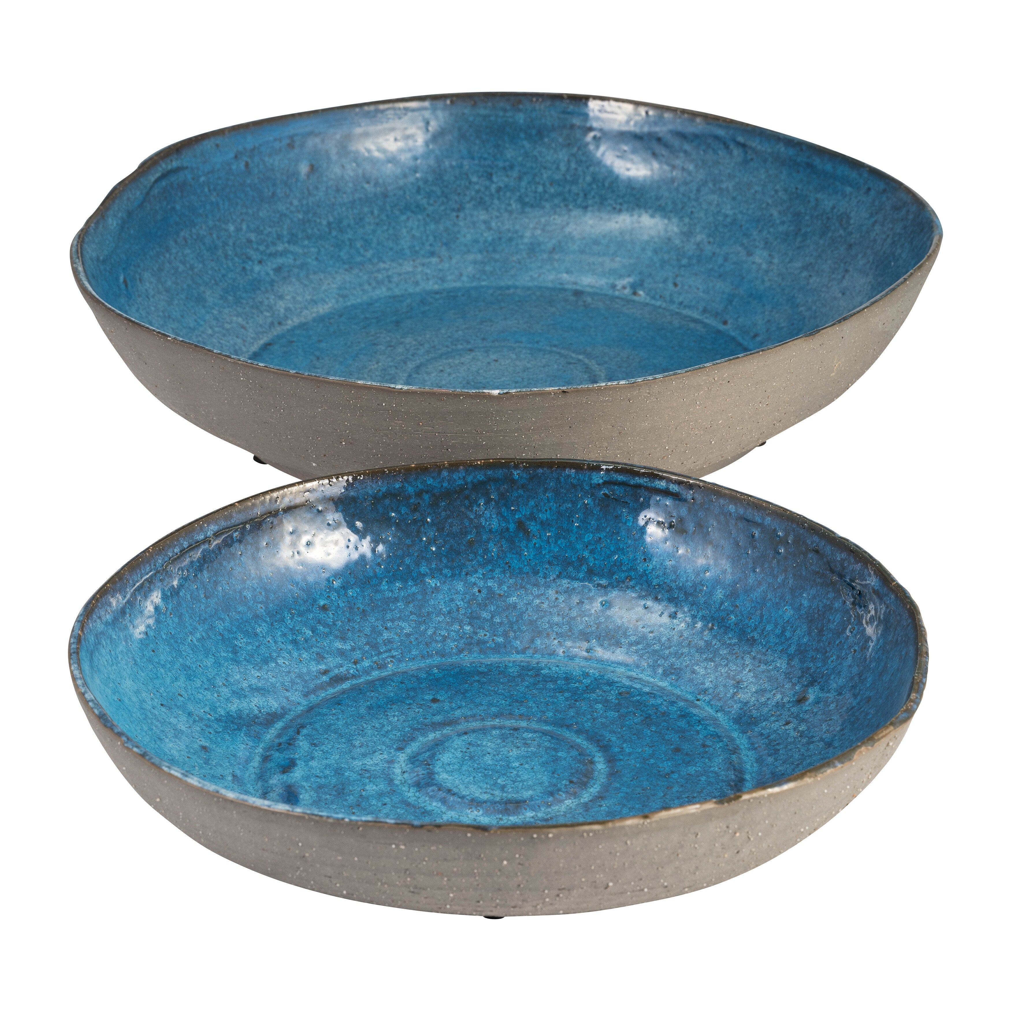 Sagebrook Home 12 and 15 Diameter Blue Ceramic Bowl, Set of 2 , Artisan Crafted Decorative Bowls - 15 x 15 x 3