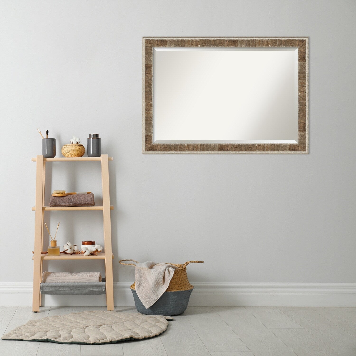 Beveled Wood Bathroom Wall Mirror - Farmhouse Brown Narrow Frame