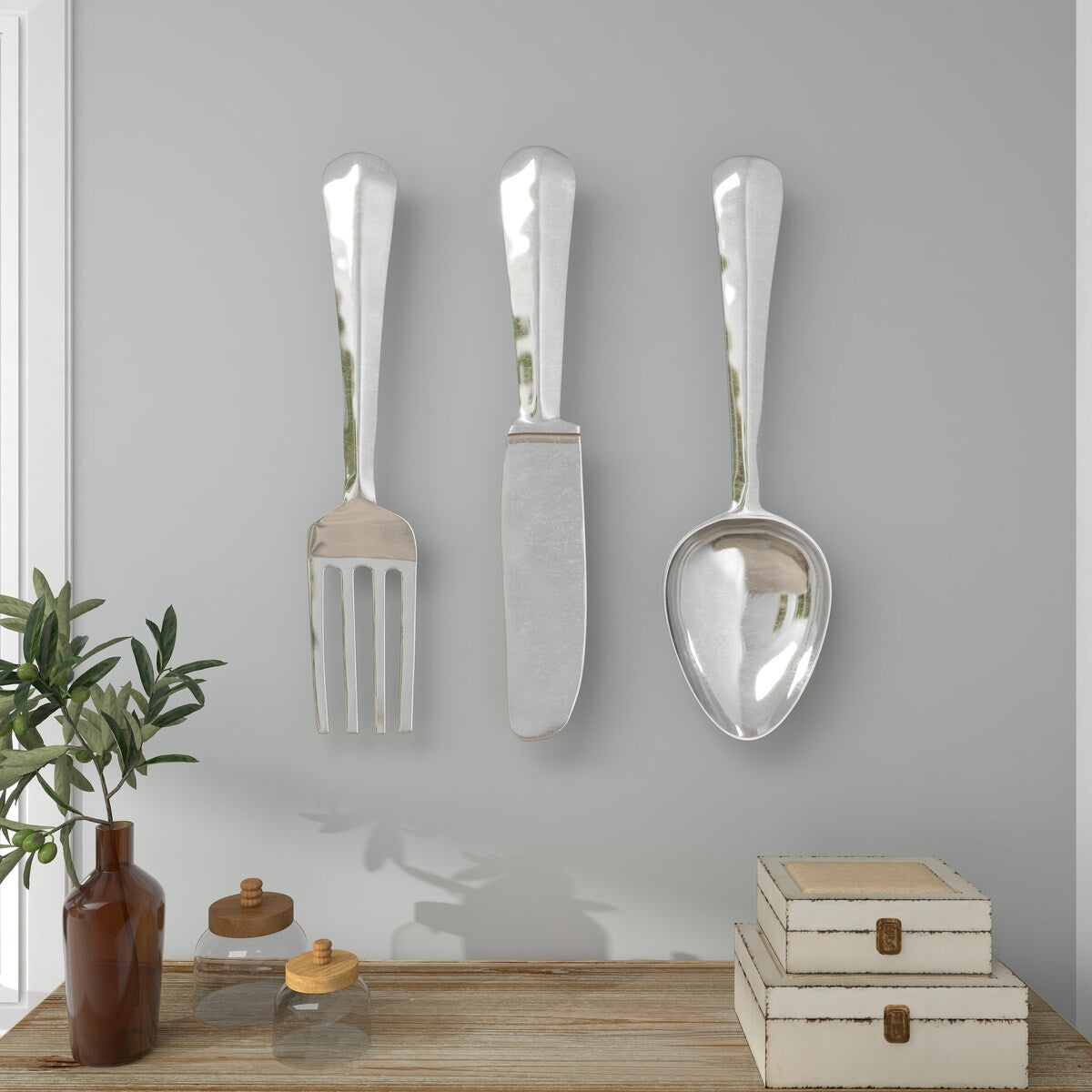 Aluminum Metal Utensils Knife, Spoon and Fork Home Wall Decor - Set of 3 Silver or Copper - Roche River Decor