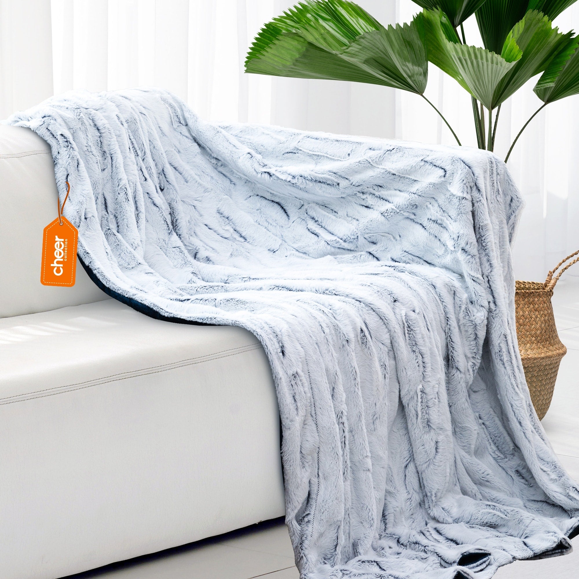 Cheer Collection Embossed Faux Fur White/Blue Throw Blanket