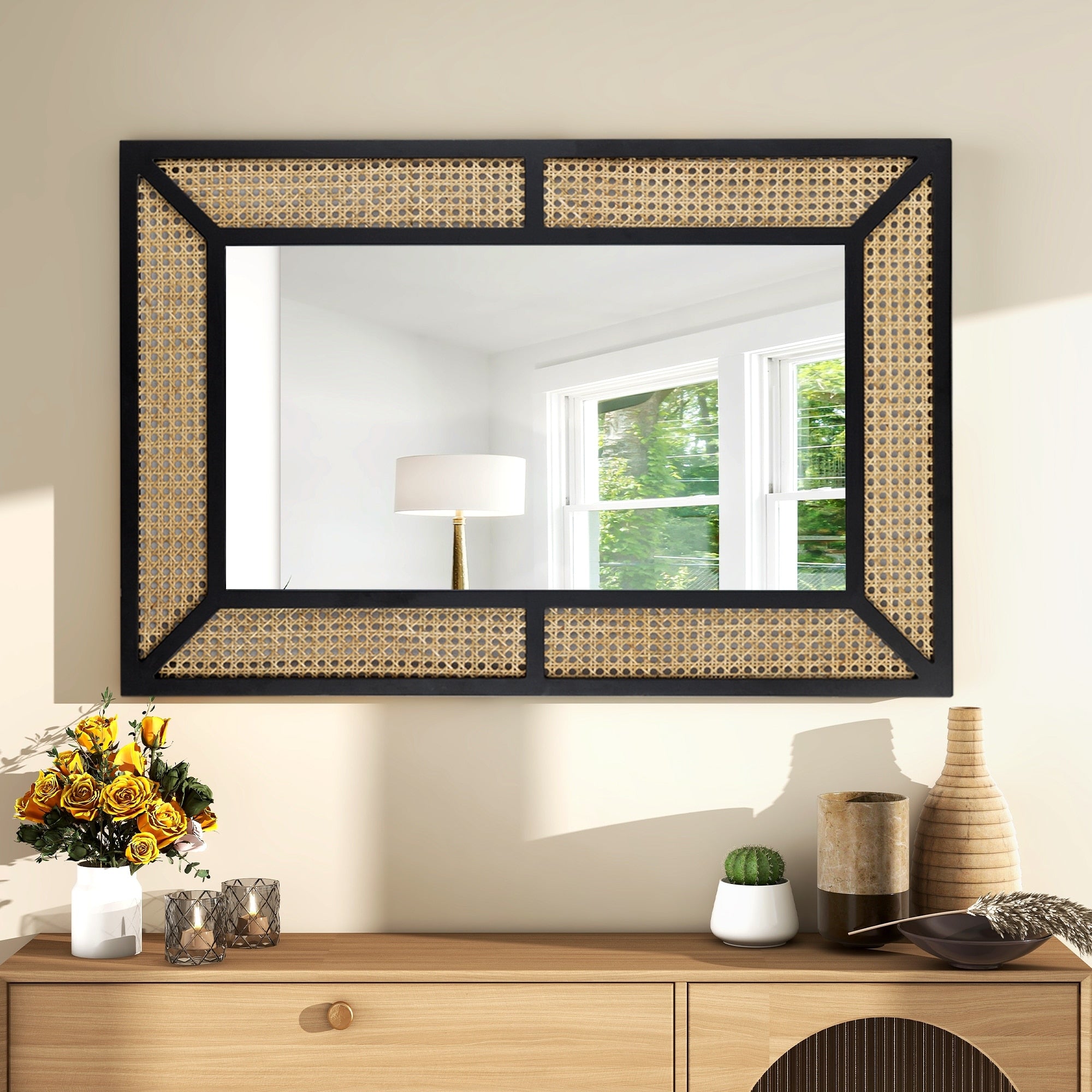 Large Rattan Wall Mirror Bohemian Square Accent Mirror for Wall Decor - 23.6×35.5