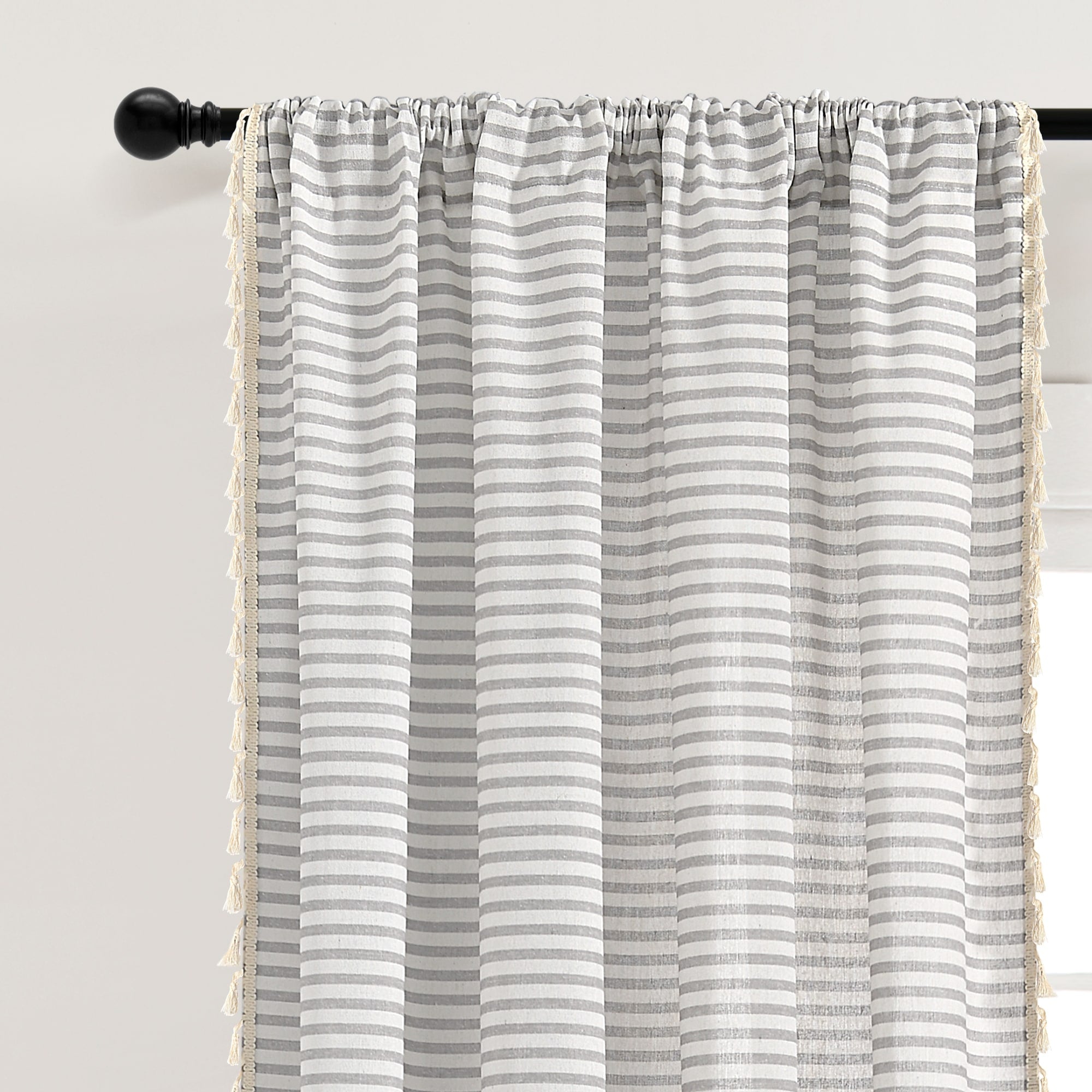 Lush Decor Boho Coastal Horizontal Ticking Stripe Tassel Window Curtain Panels