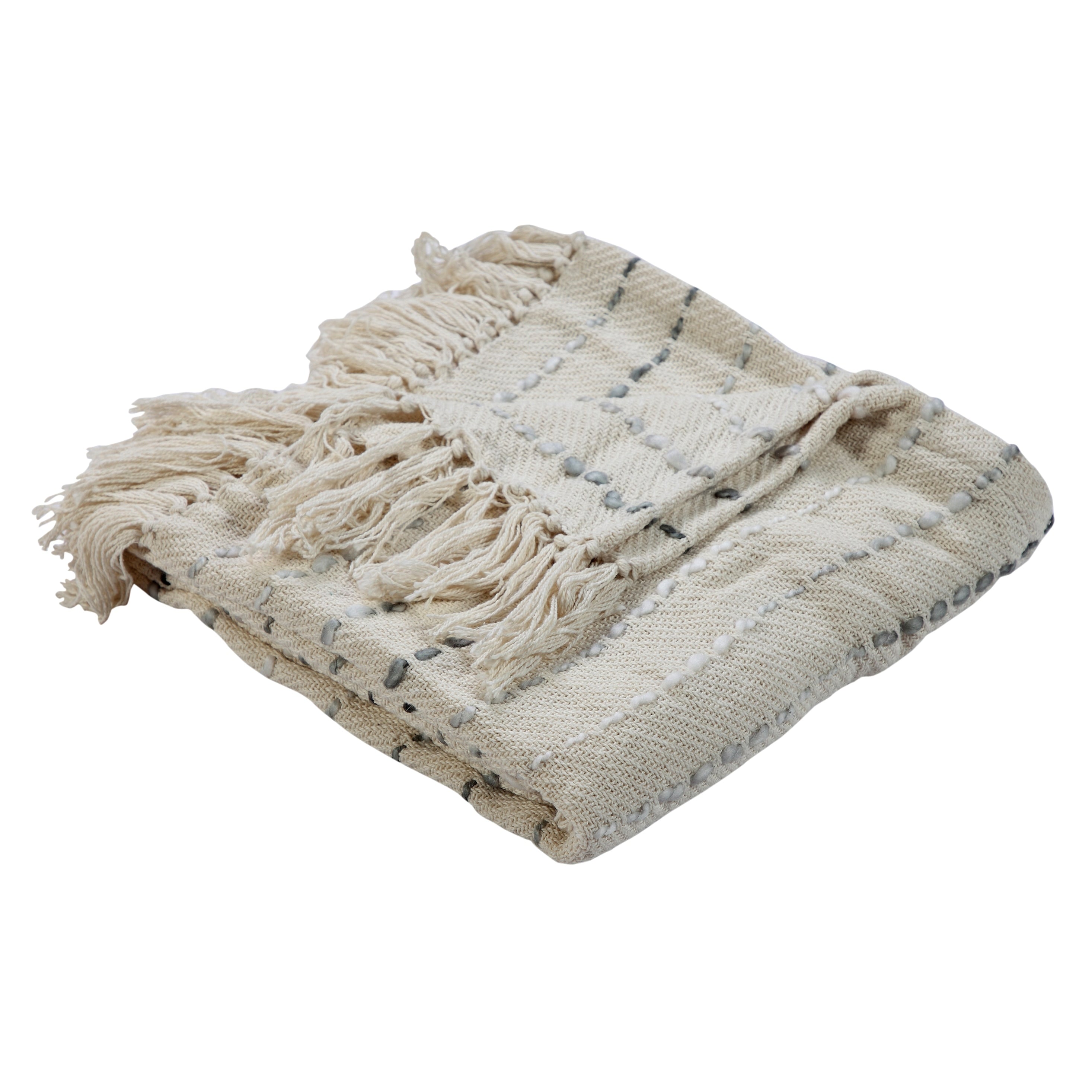 Sevita Hand-Woven Natural Cotton Striped Standard Size Throw Blanket with Fringe