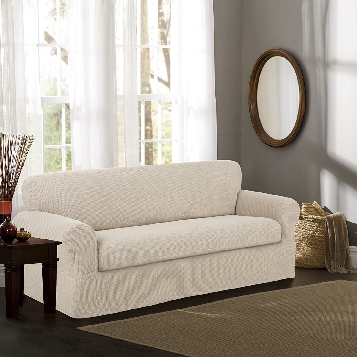 Maytex Stretch Reeves Stretch 2-Piece Sofa Slipcover Natural - Beige - 96 x 38 x 34